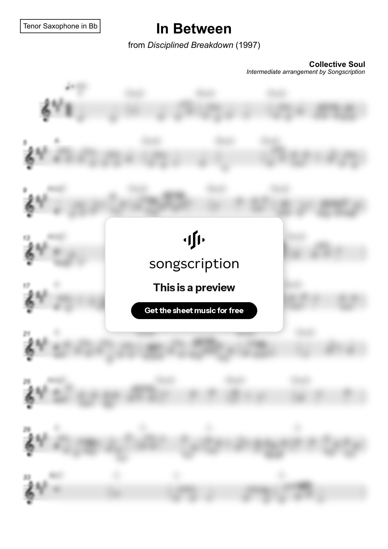 Intermediate Tenor Sax Sheet Music for "In Between" by Collective Soul