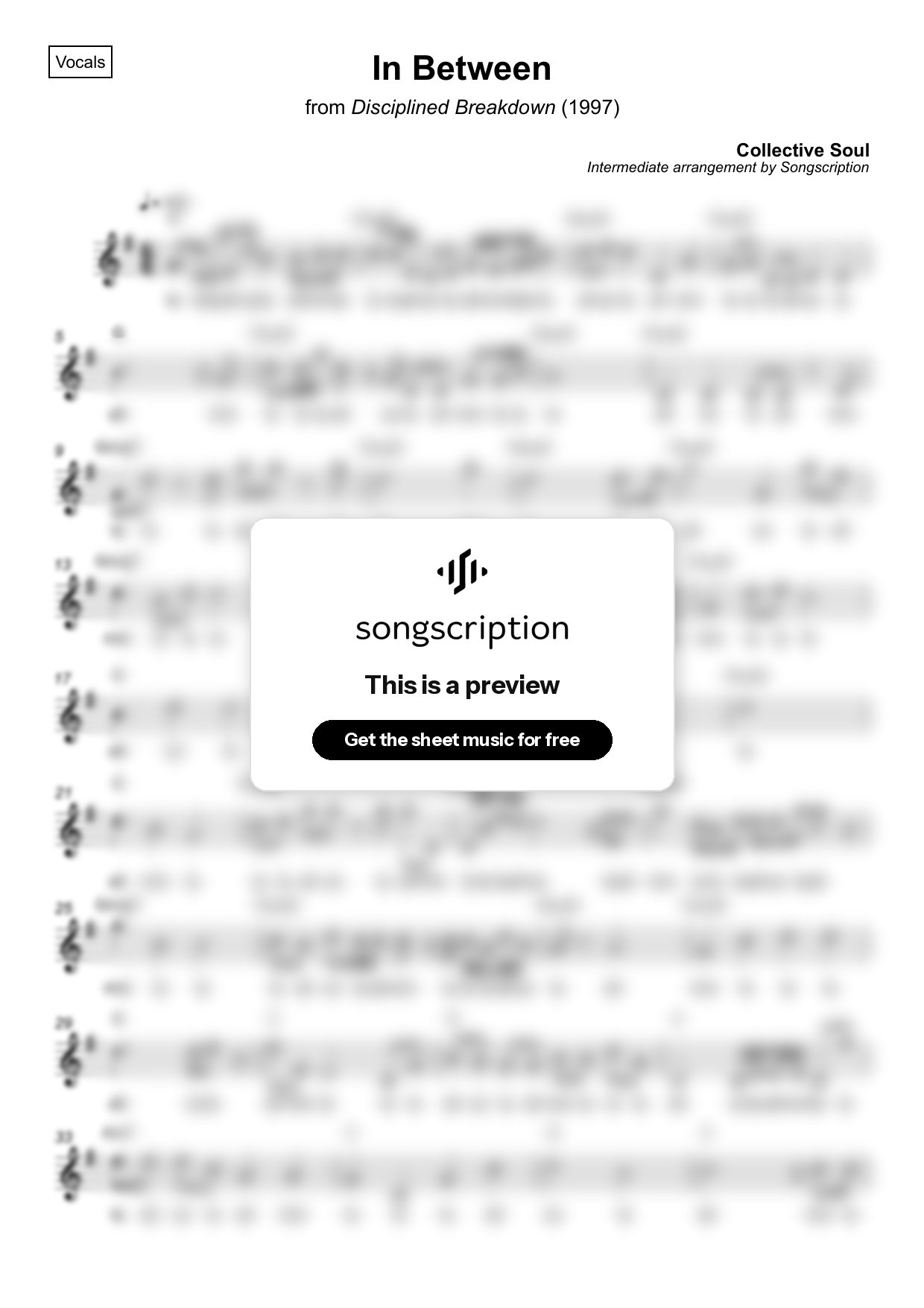 Intermediate Vocals Sheet Music for "In Between" by Collective Soul