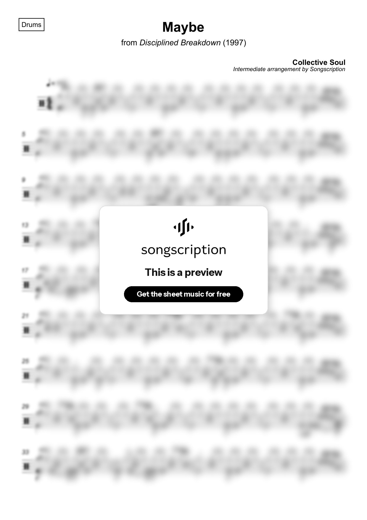 Intermediate Drums Sheet Music for "Maybe" by Collective Soul