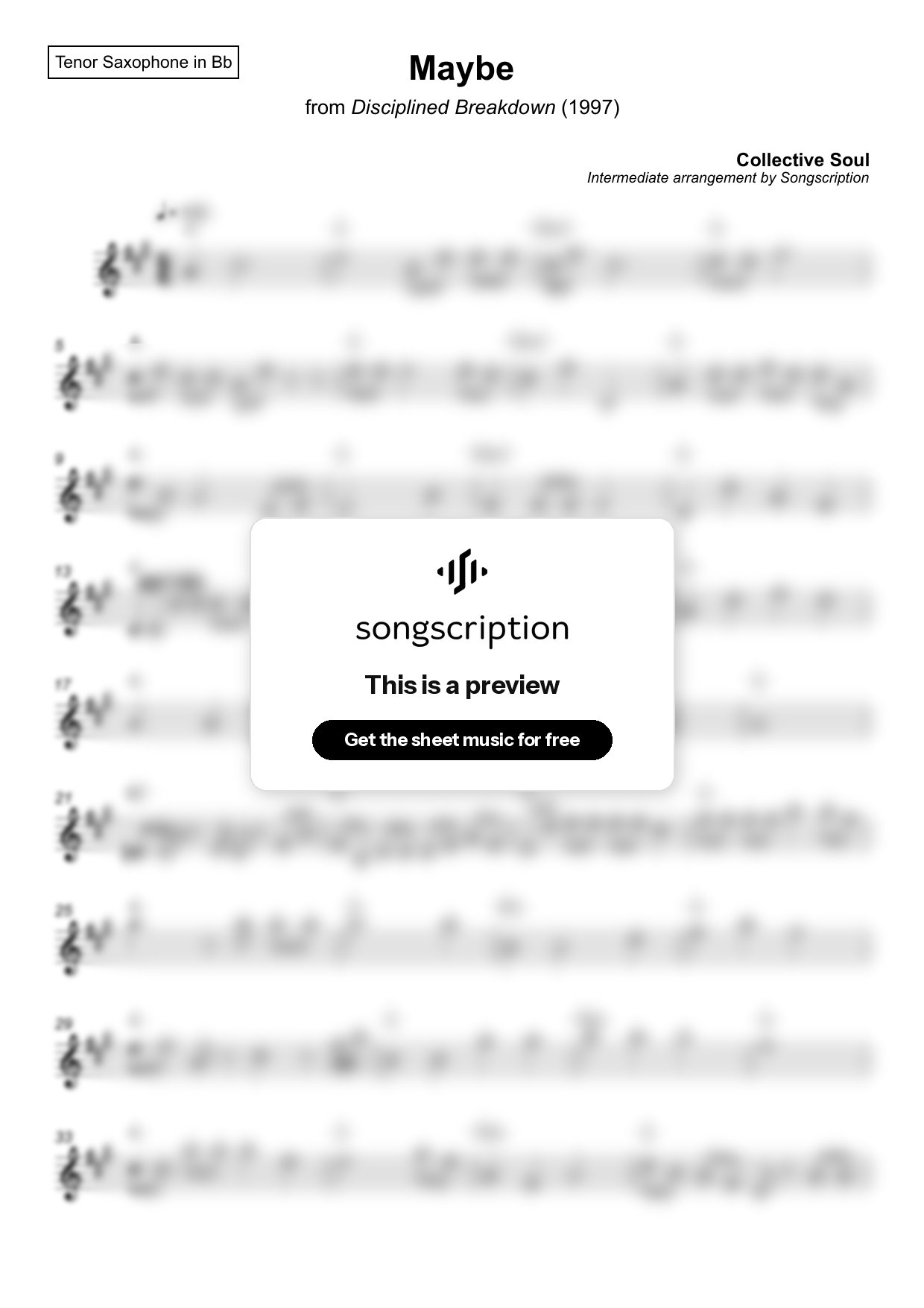 Intermediate Tenor Sax Sheet Music for "Maybe" by Collective Soul