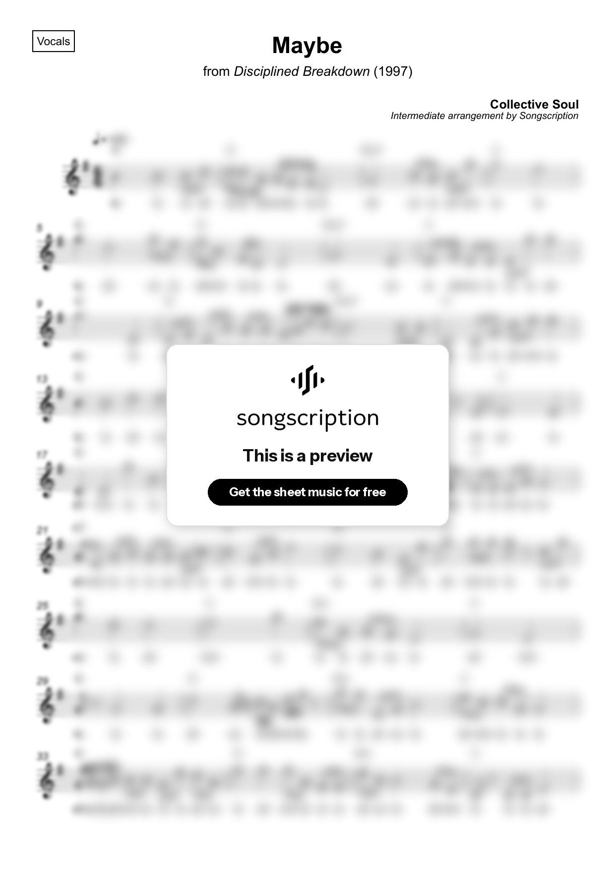 Intermediate Vocals Sheet Music for "Maybe" by Collective Soul