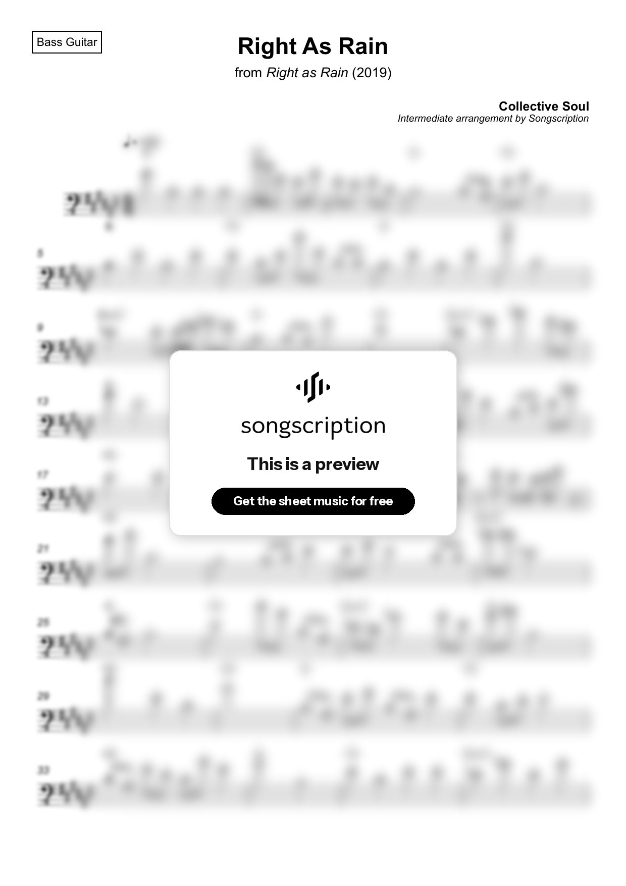 Intermediate Bass Guitar Sheet Music for "Right As Rain" by Collective Soul