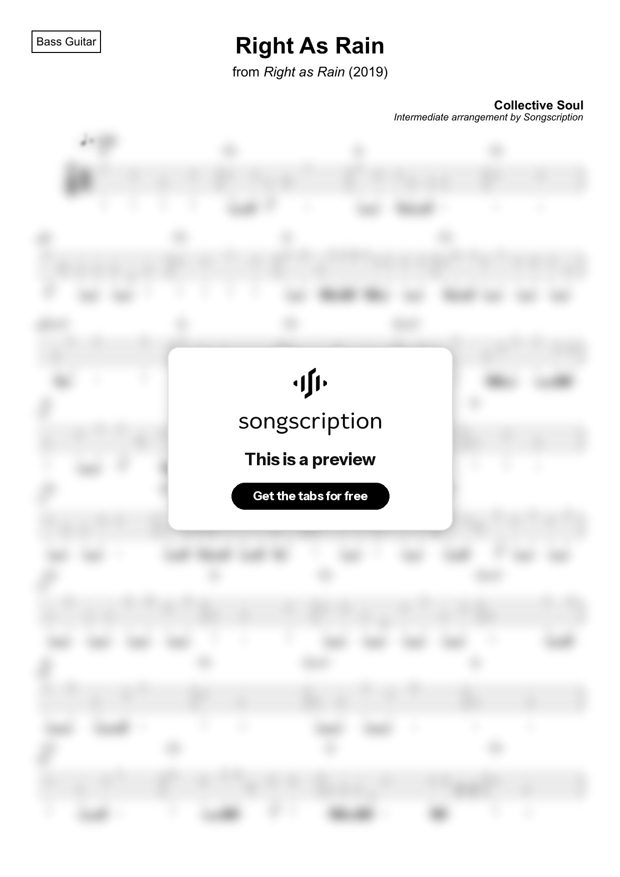 Intermediate Bass Guitar Tabs for "Right As Rain" by Collective Soul