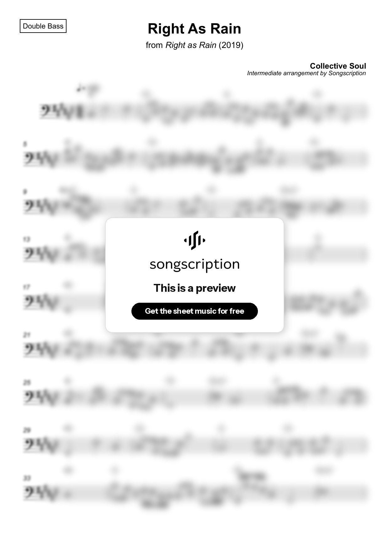 Intermediate Double Bass Sheet Music for "Right As Rain" by Collective Soul