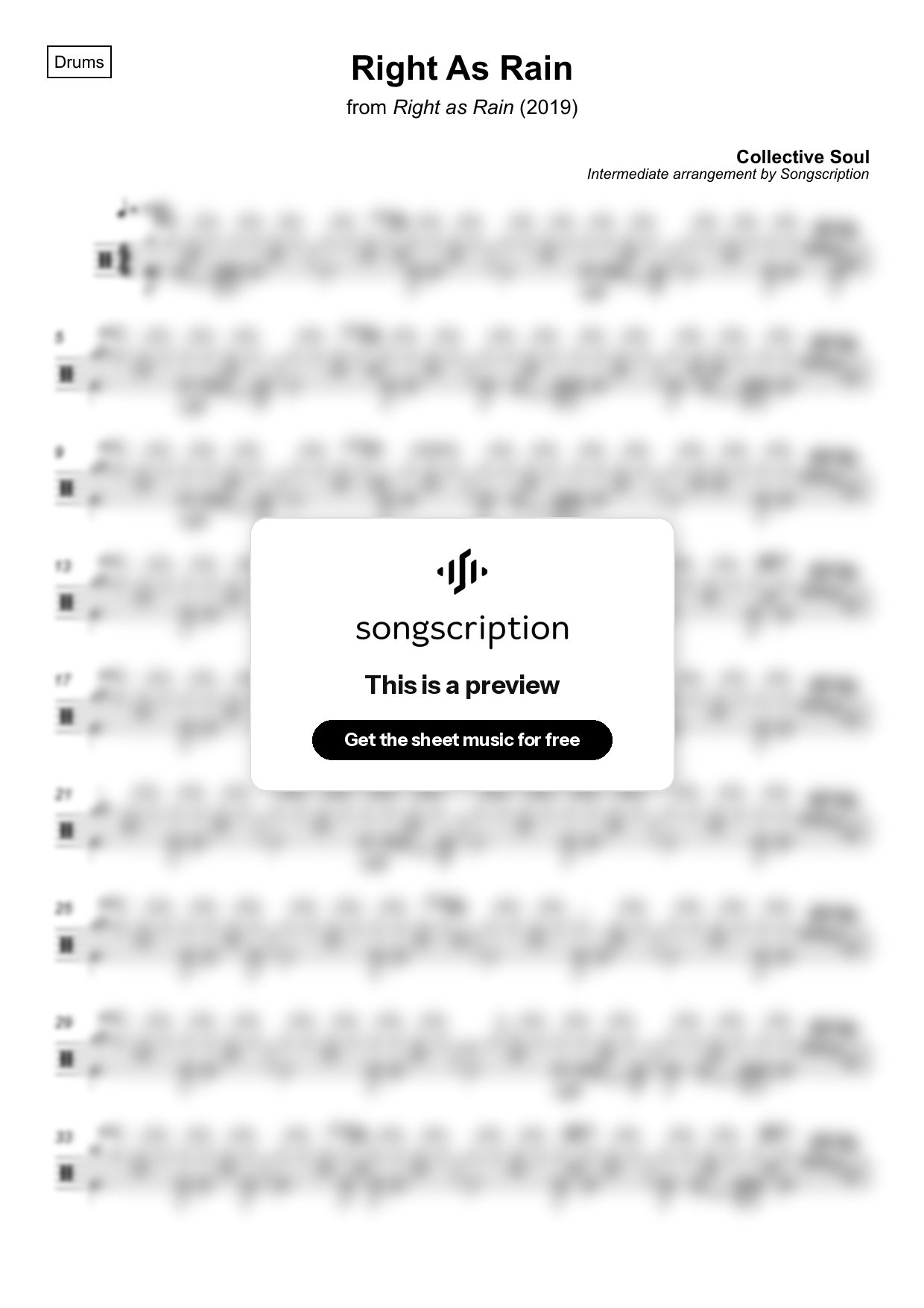 Intermediate Drums Sheet Music for "Right As Rain" by Collective Soul