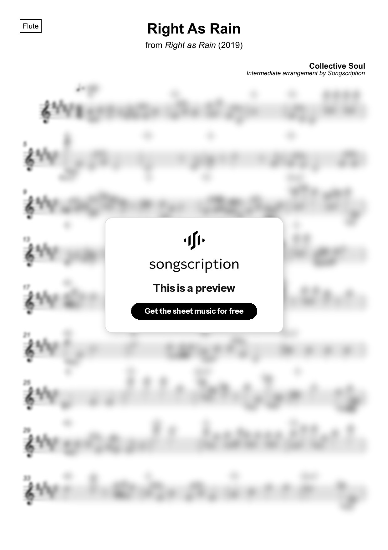 Intermediate Flute Sheet Music for "Right As Rain" by Collective Soul