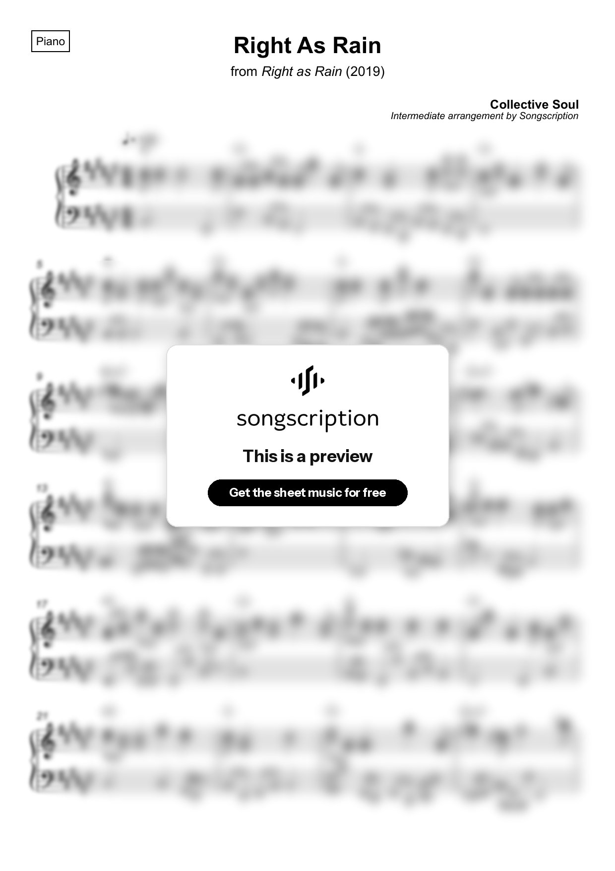 Intermediate Piano Sheet Music for "Right As Rain" by Collective Soul