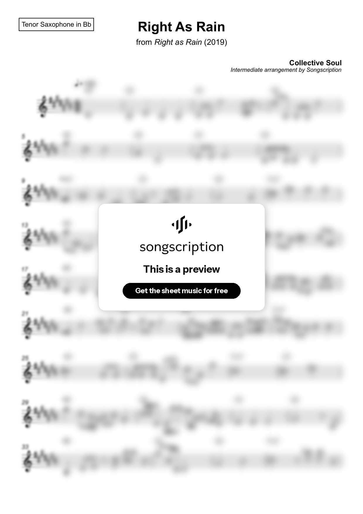 Intermediate Tenor Sax Sheet Music for "Right As Rain" by Collective Soul
