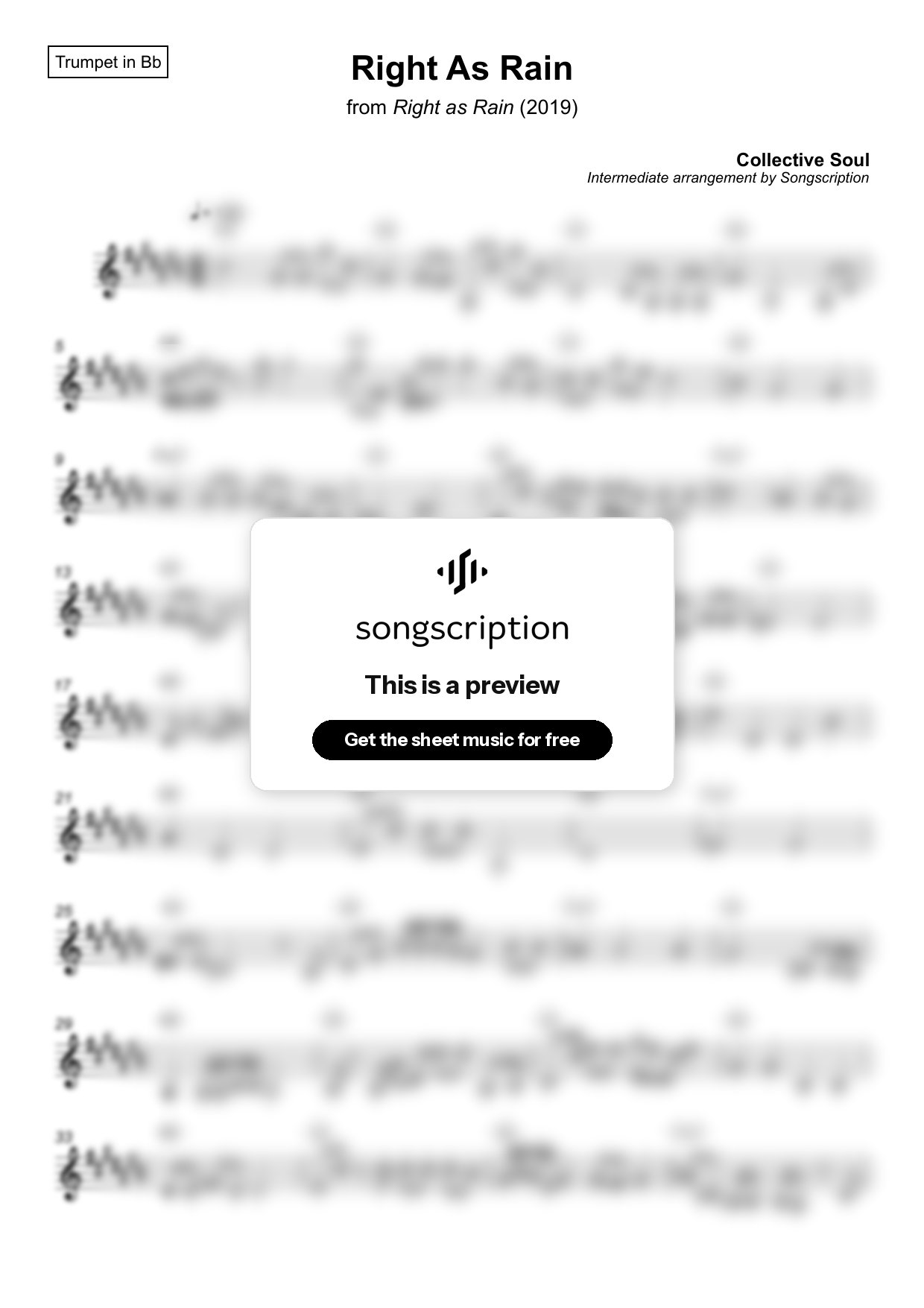 Intermediate Trumpet Sheet Music for "Right As Rain" by Collective Soul