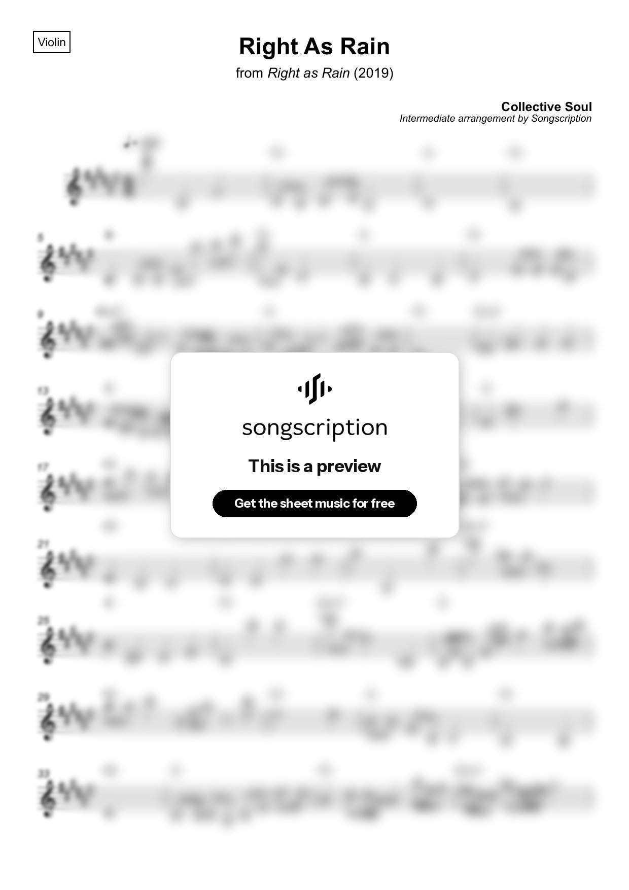 Intermediate Violin Sheet Music for "Right As Rain" by Collective Soul