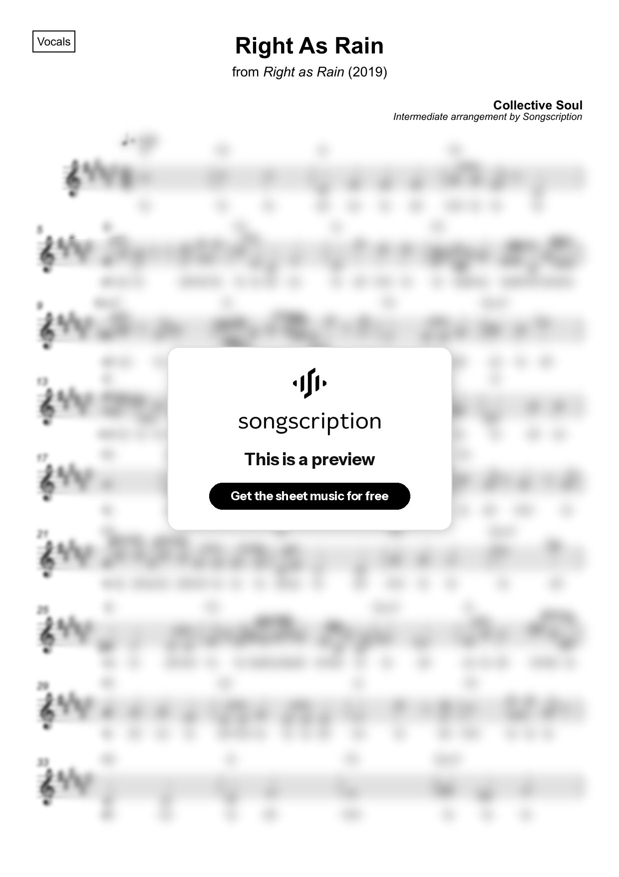Intermediate Vocals Sheet Music for "Right As Rain" by Collective Soul