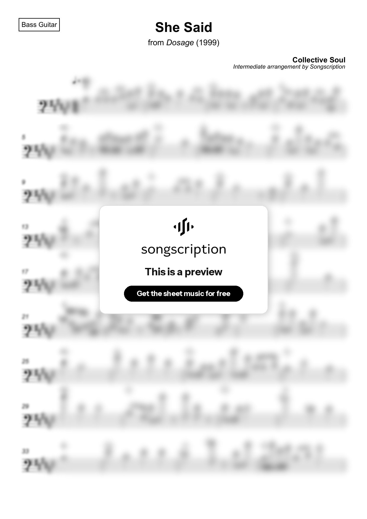 Intermediate Bass Guitar Sheet Music for "She Said" by Collective Soul