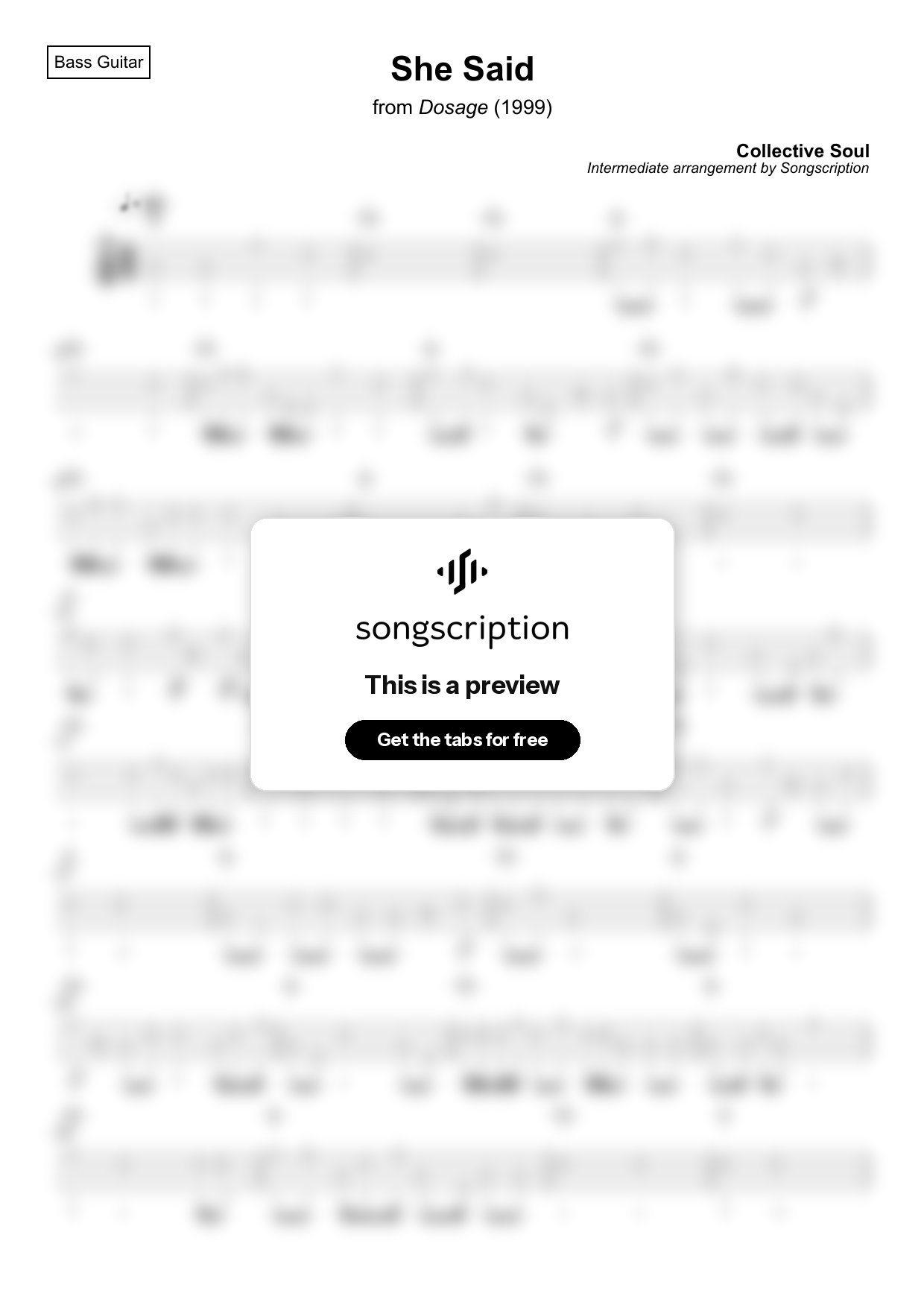 Intermediate Bass Guitar Tabs for "She Said" by Collective Soul
