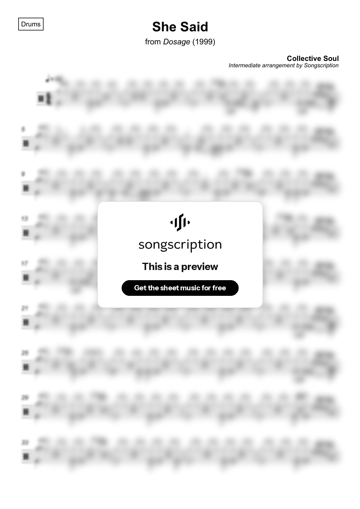 Intermediate Drums Sheet Music for "She Said" by Collective Soul