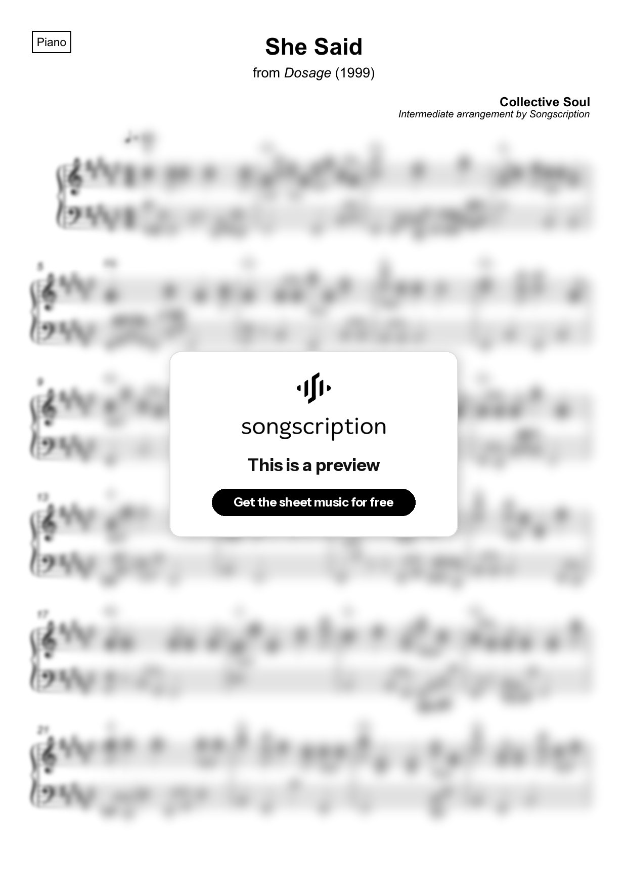 Intermediate Piano Sheet Music for "She Said" by Collective Soul