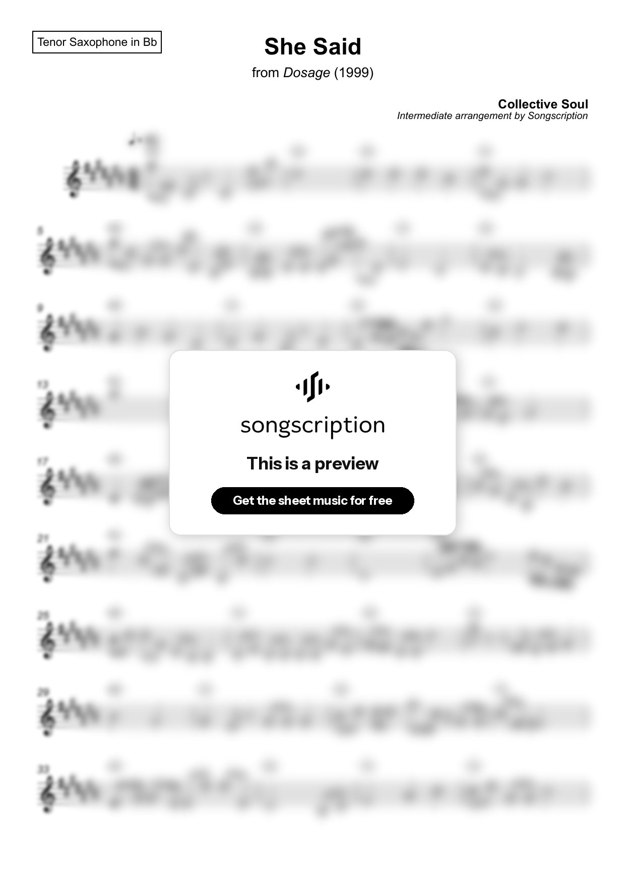 Intermediate Tenor Sax Sheet Music for "She Said" by Collective Soul