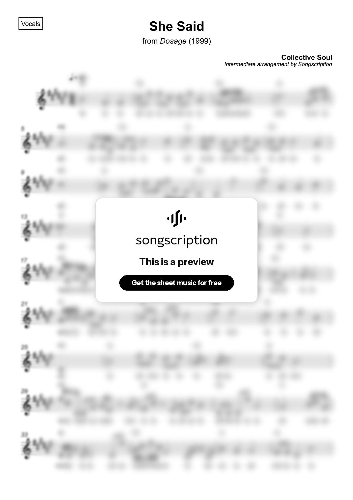 Intermediate Vocals Sheet Music for "She Said" by Collective Soul