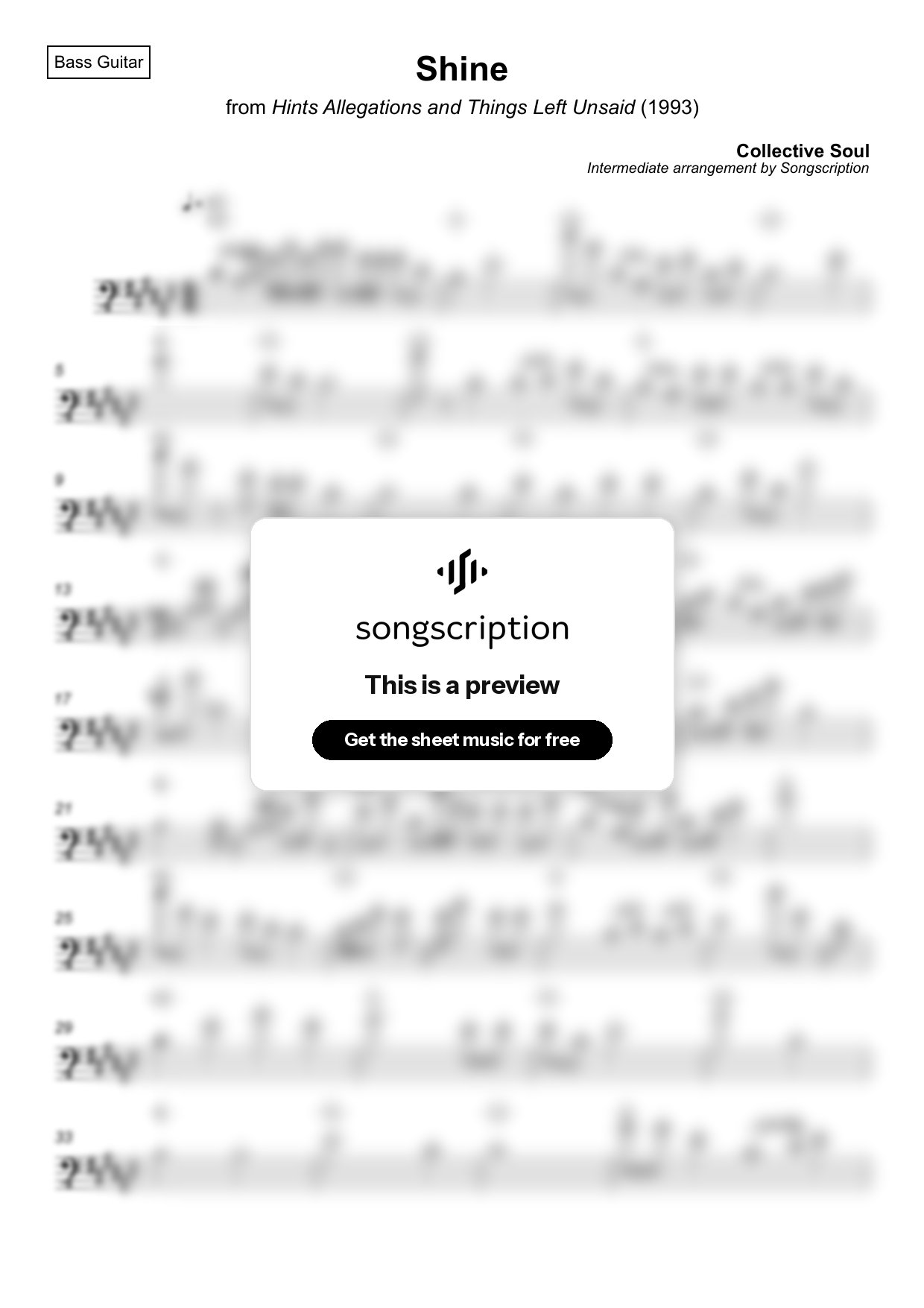 Intermediate Bass Guitar Sheet Music for "Shine" by Collective Soul