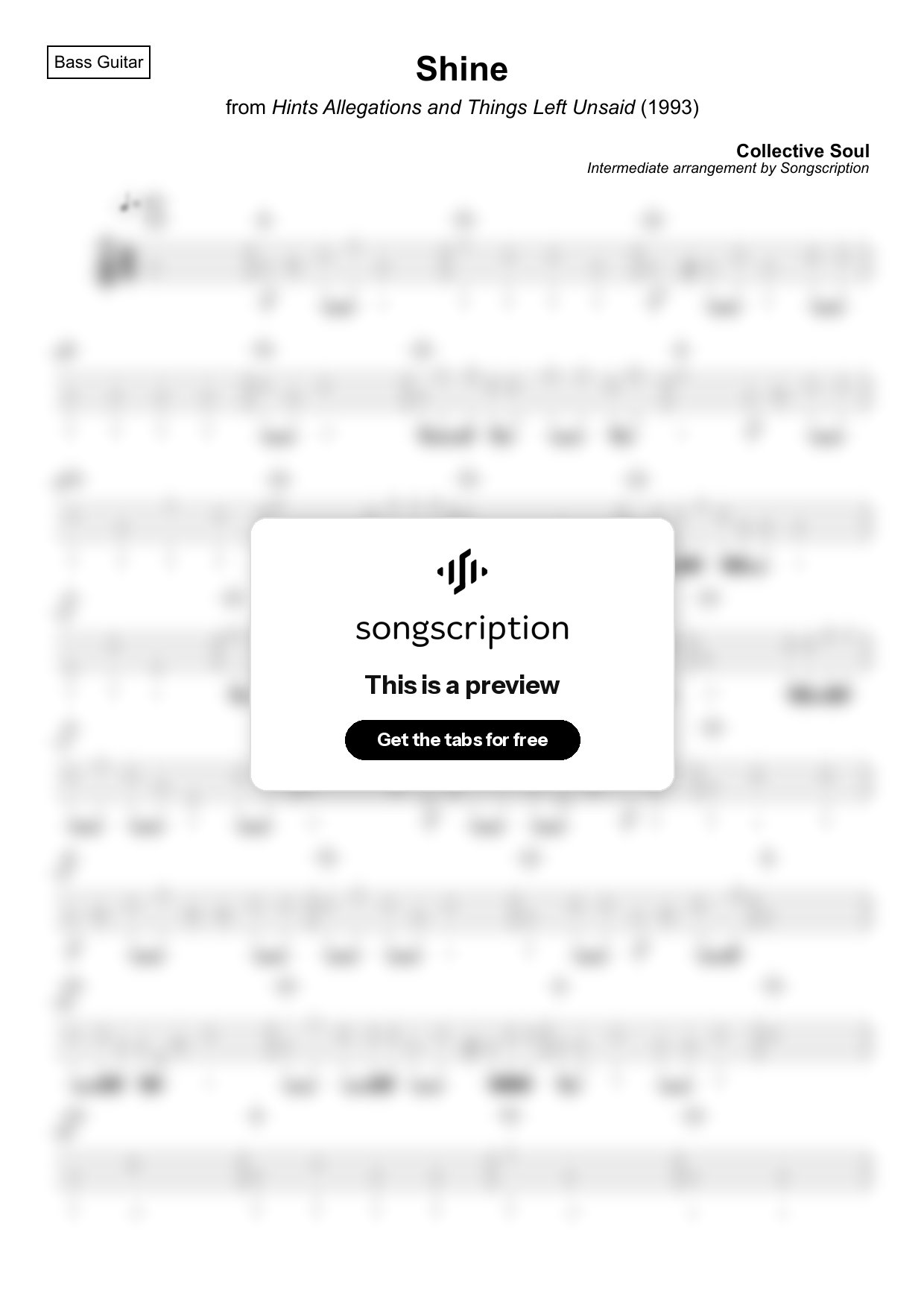 Intermediate Bass Guitar Tabs for "Shine" by Collective Soul