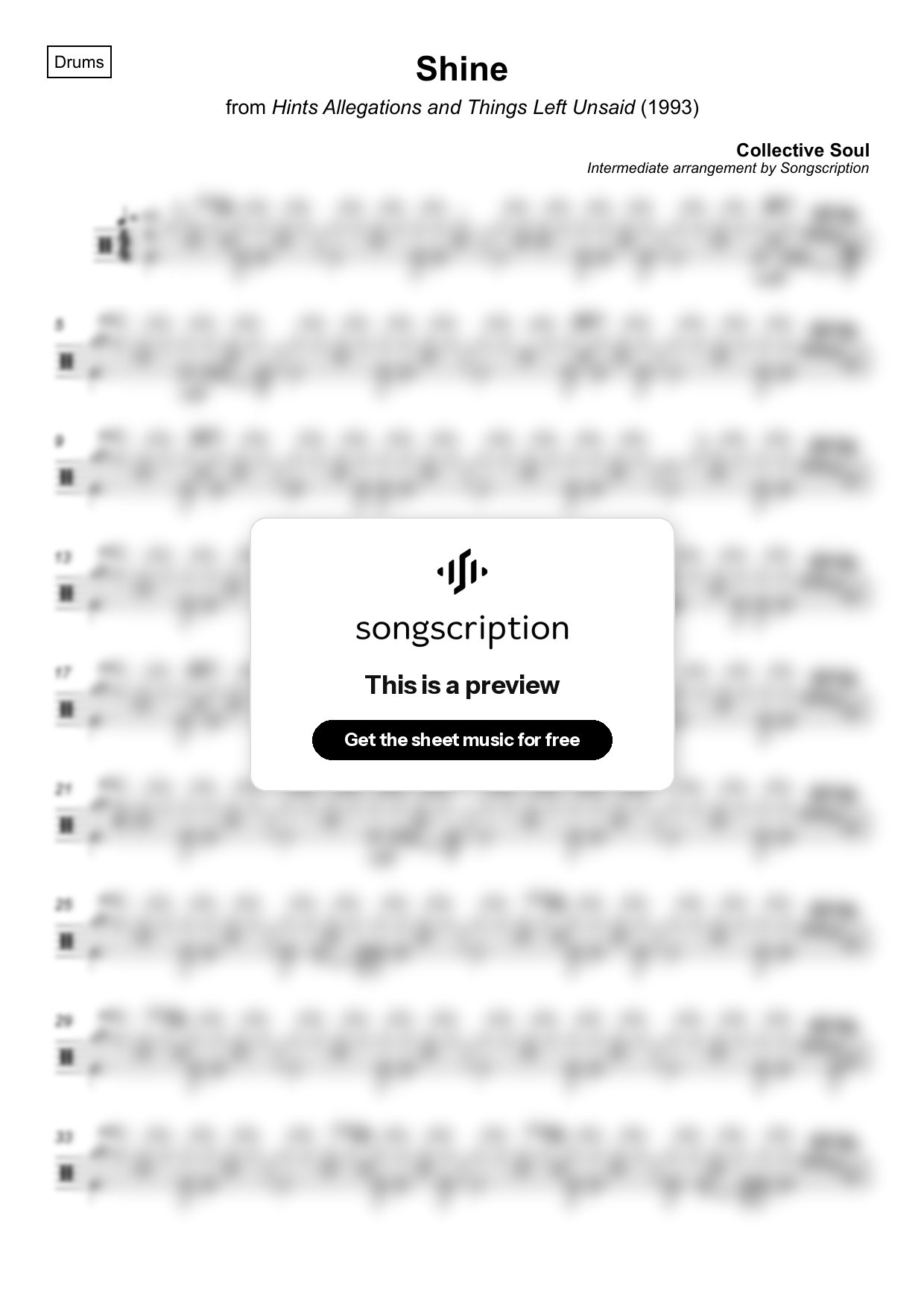 Intermediate Drums Sheet Music for "Shine" by Collective Soul