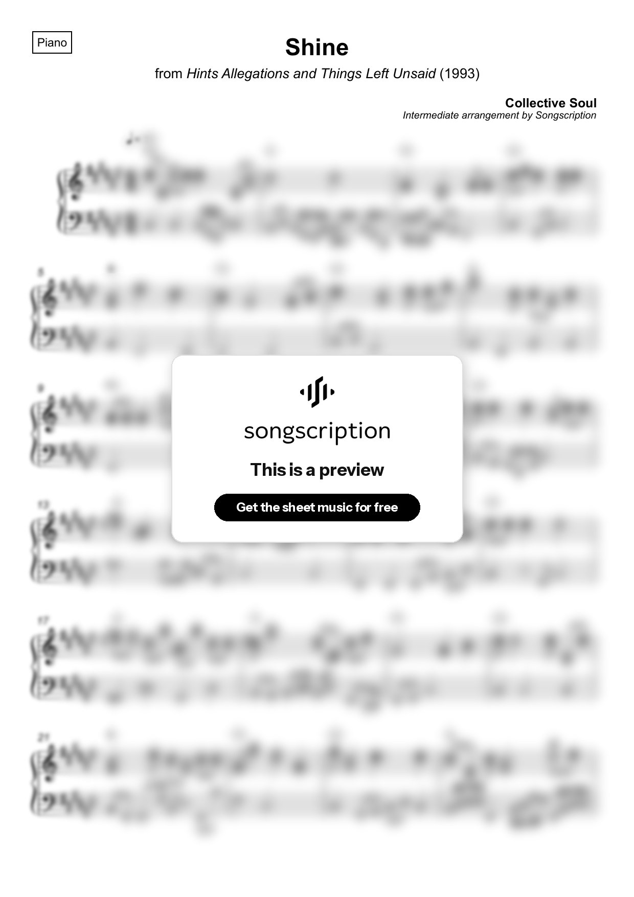 Intermediate Piano Sheet Music for "Shine" by Collective Soul