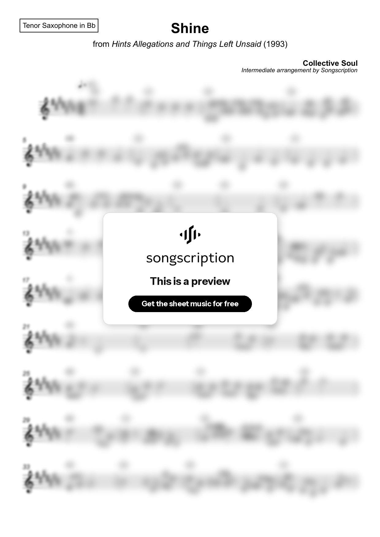 Intermediate Tenor Sax Sheet Music for "Shine" by Collective Soul