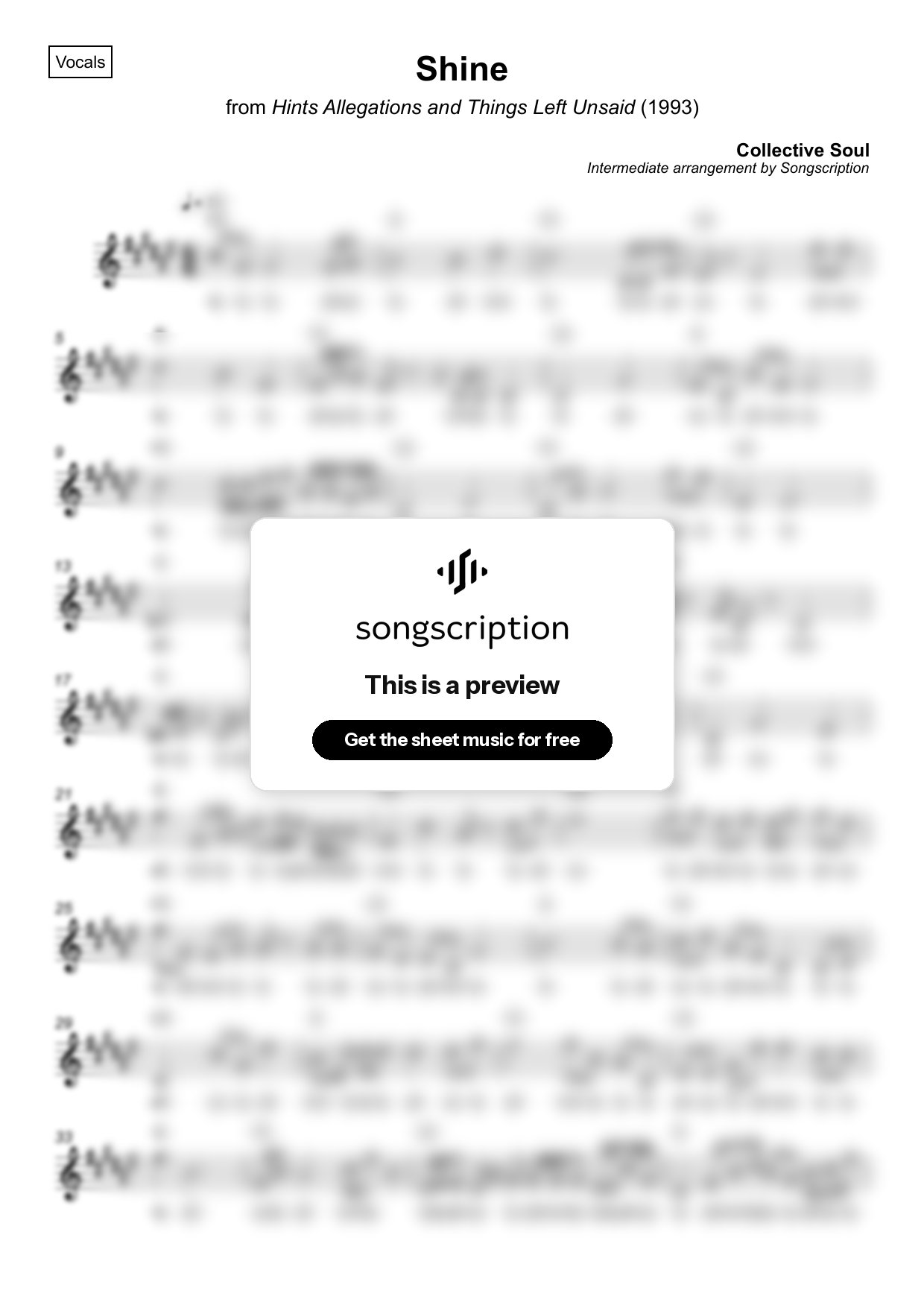 Intermediate Vocals Sheet Music for "Shine" by Collective Soul