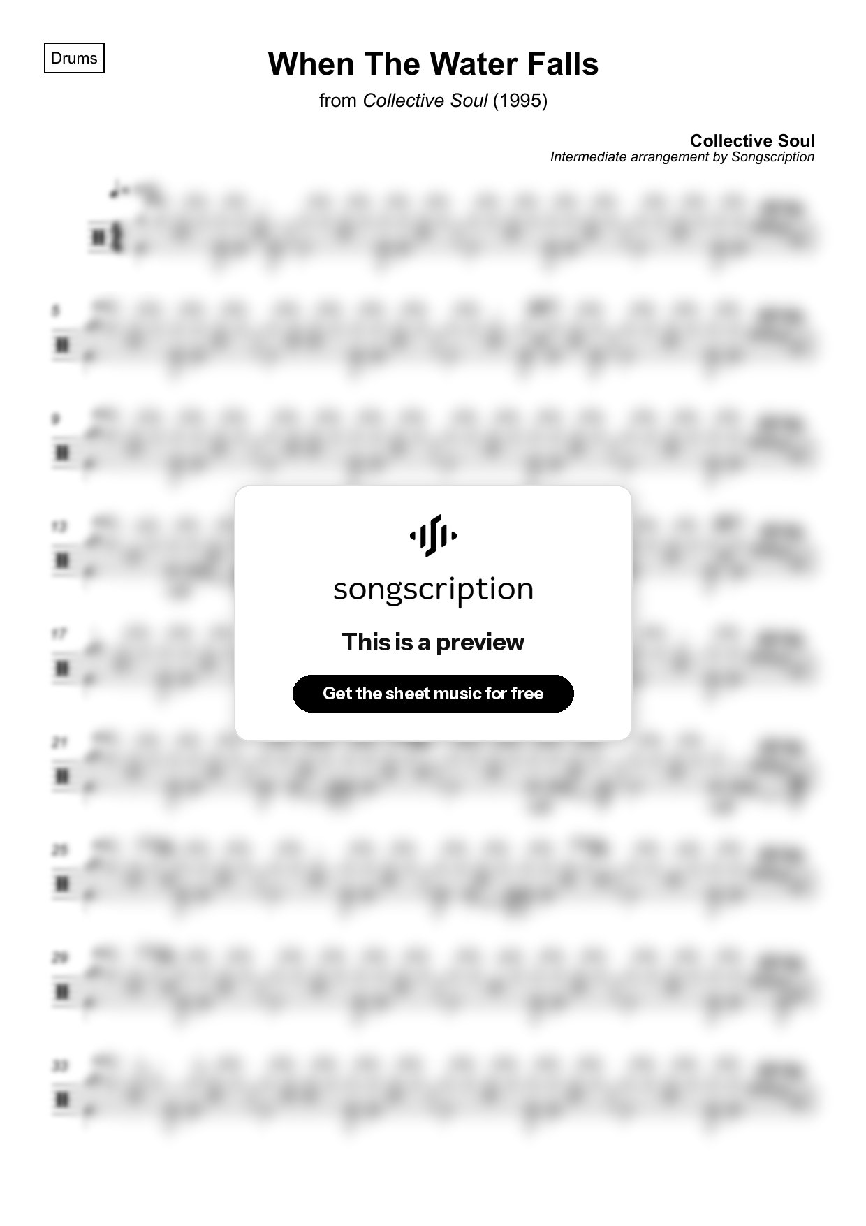 Intermediate Drums Sheet Music for "When The Water Falls" by Collective Soul