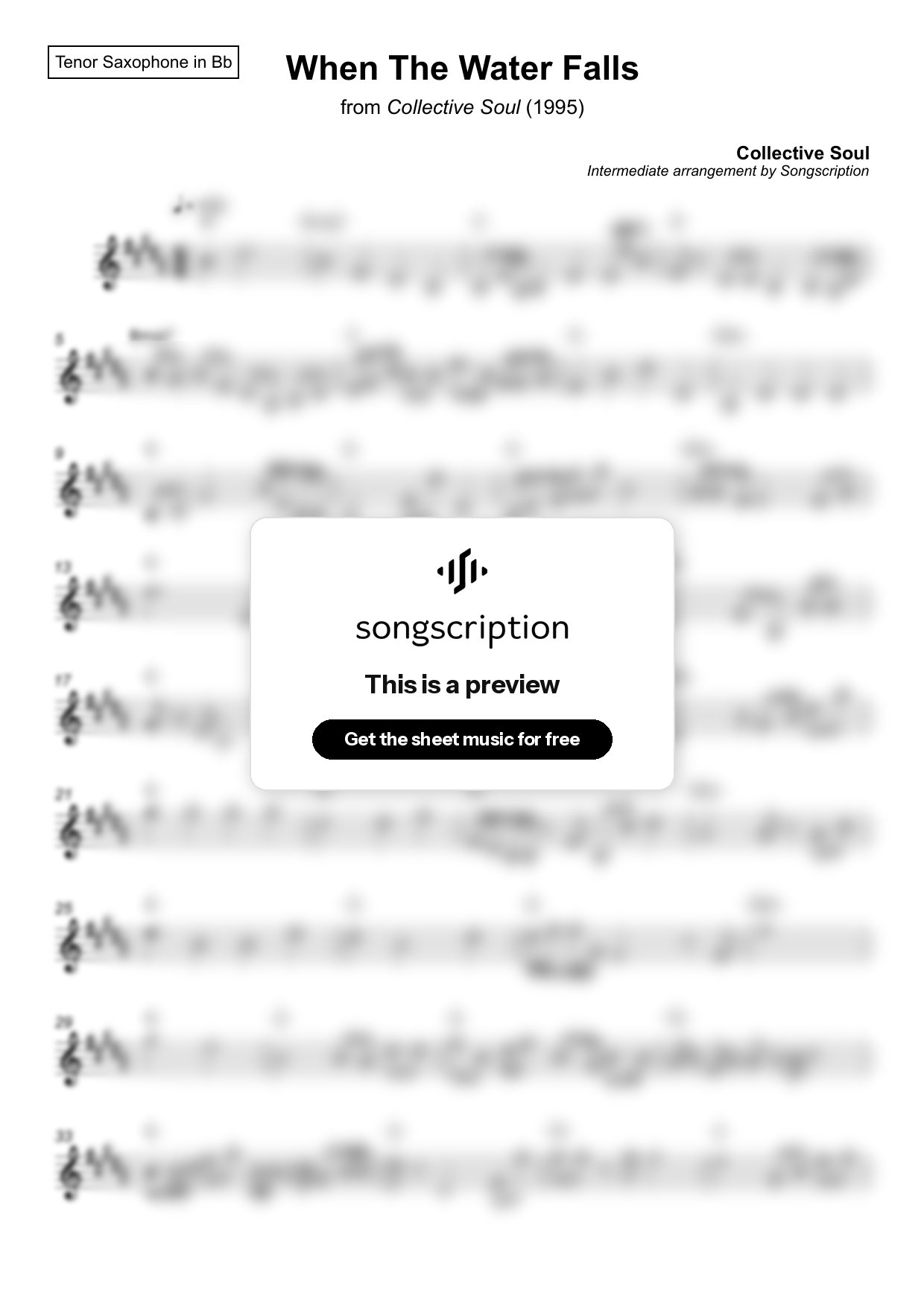 Intermediate Tenor Sax Sheet Music for "When The Water Falls" by Collective Soul