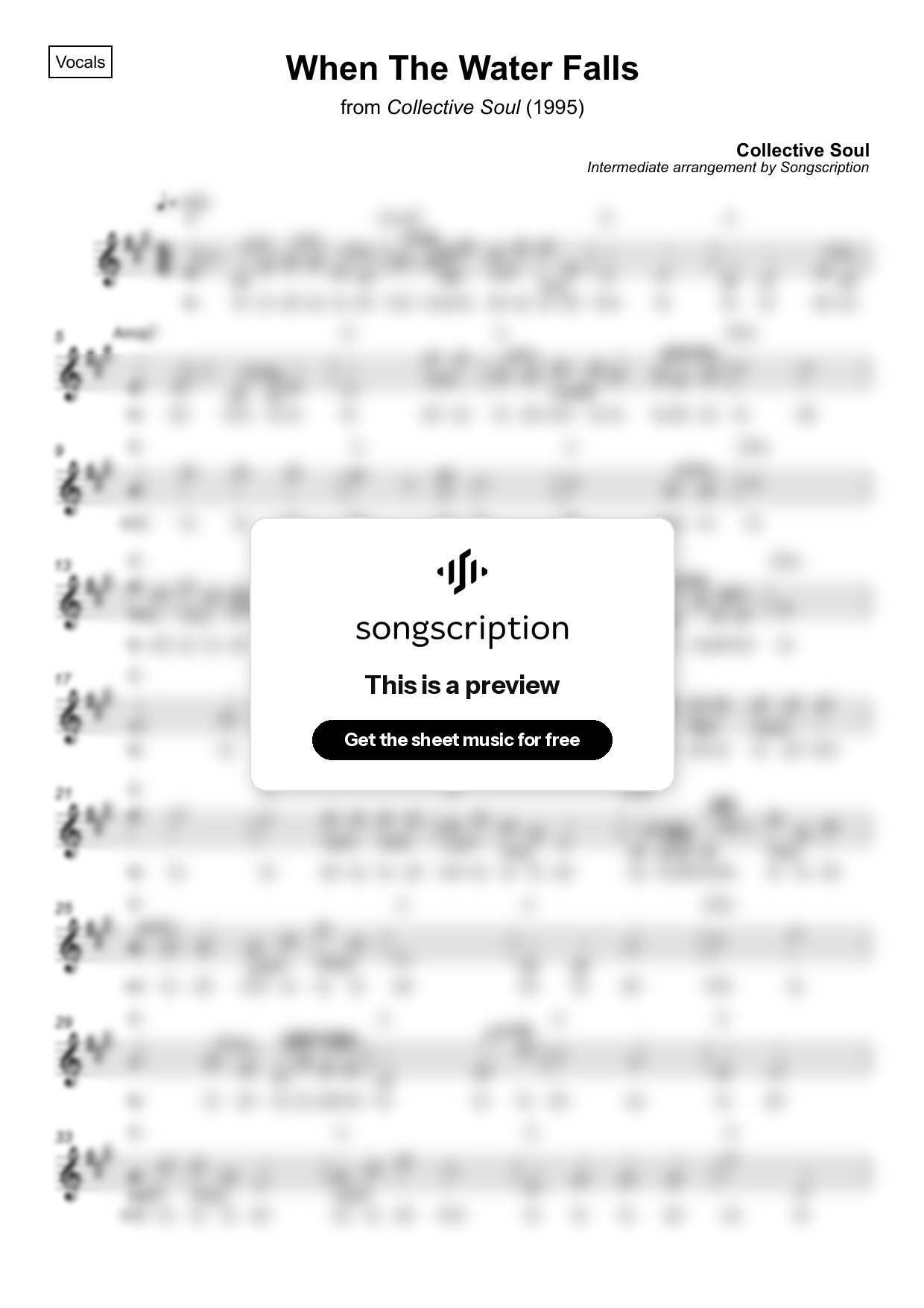 Intermediate Vocals Sheet Music for "When The Water Falls" by Collective Soul