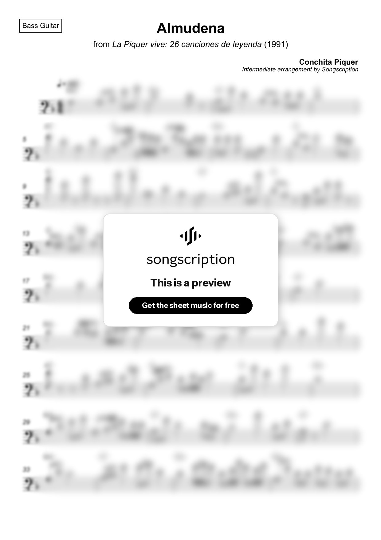 Intermediate Bass Guitar Sheet Music for "Almudena" by Conchita Piquer