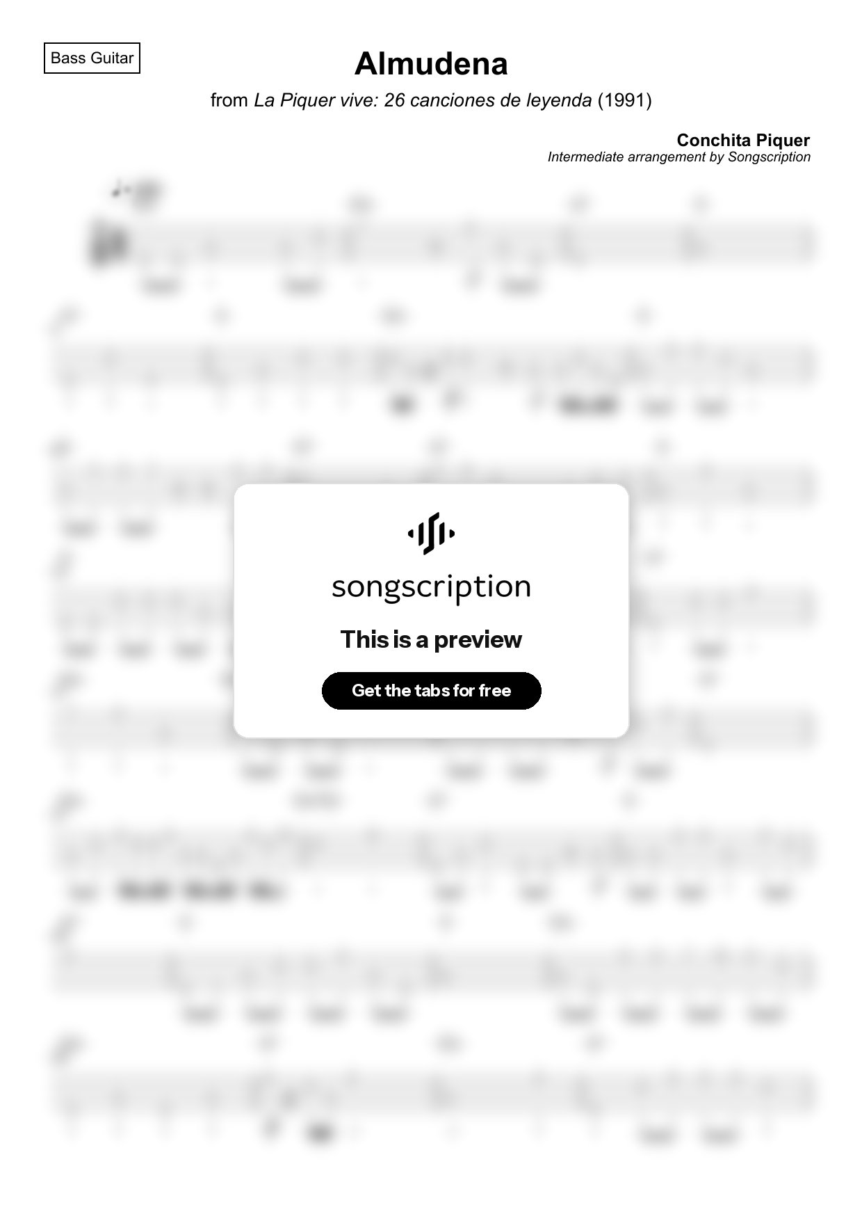 Intermediate Bass Guitar Tabs for "Almudena" by Conchita Piquer
