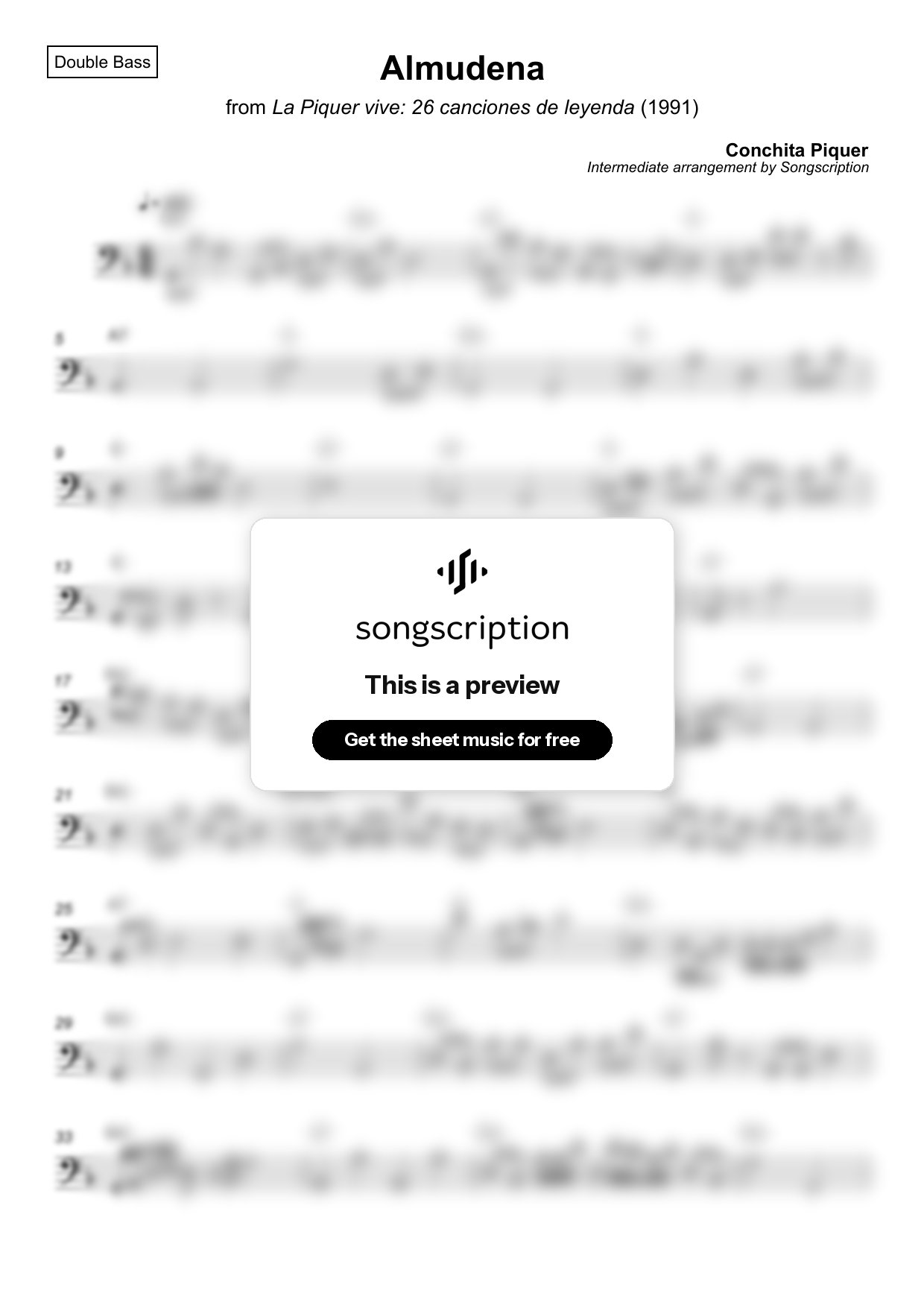 Intermediate Double Bass Sheet Music for "Almudena" by Conchita Piquer