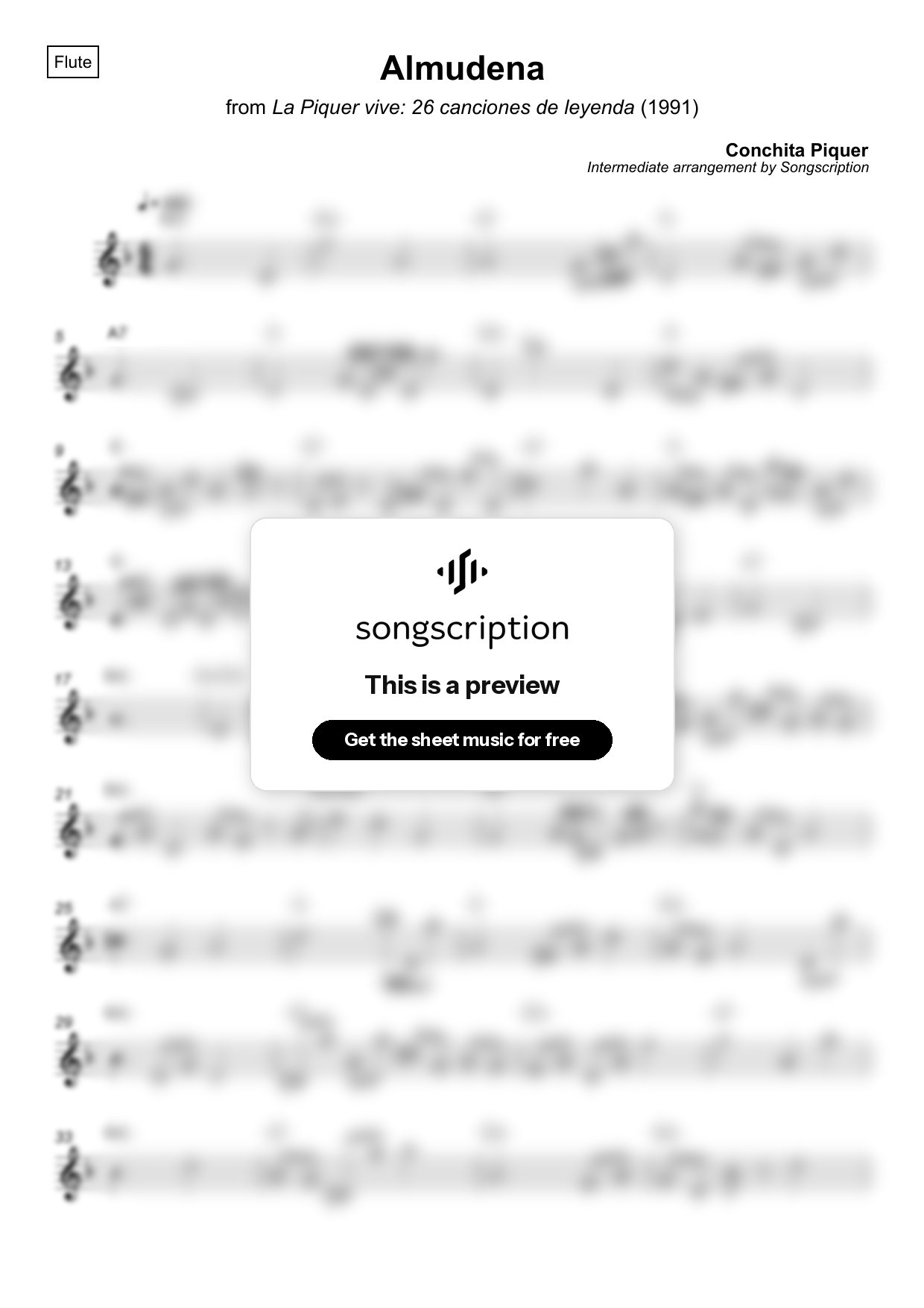 Intermediate Flute Sheet Music for "Almudena" by Conchita Piquer