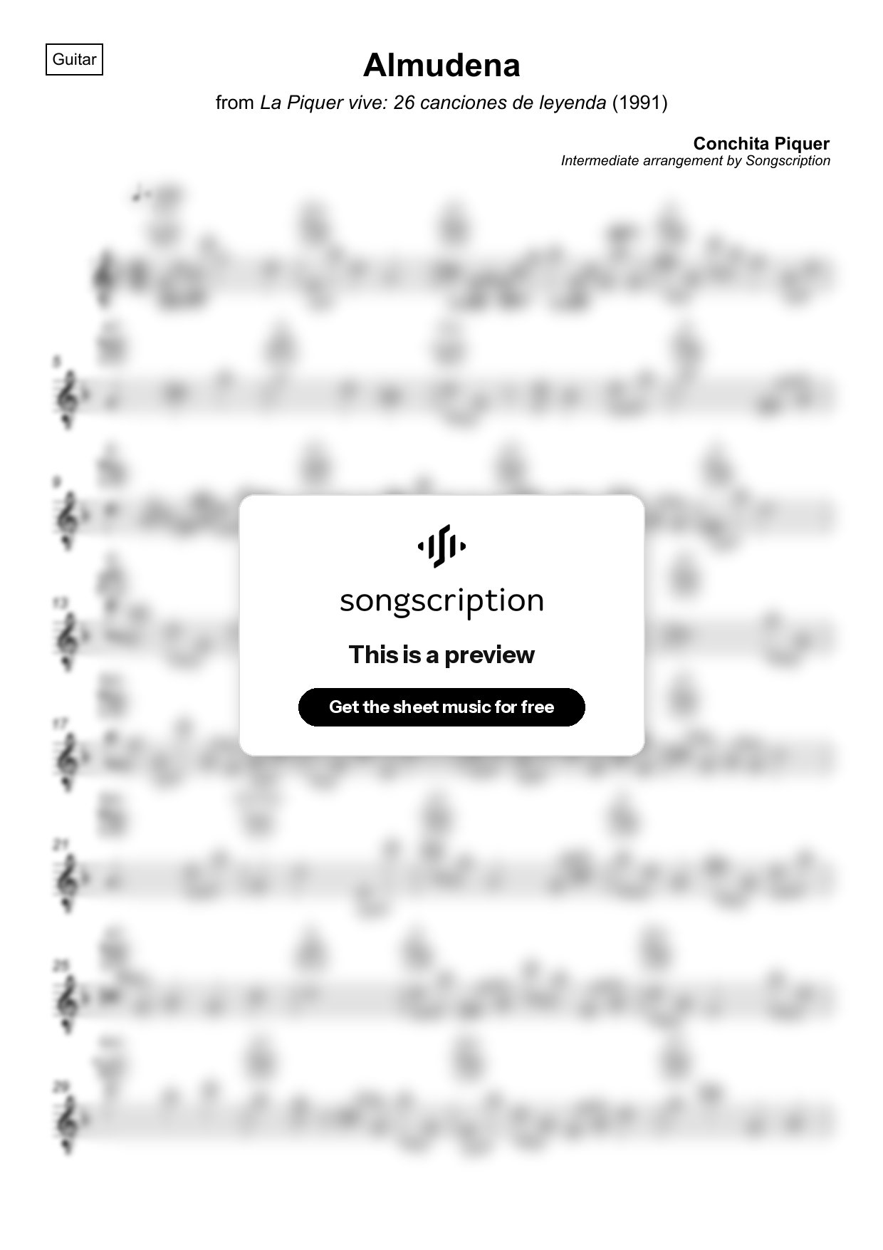 Intermediate Acoustic Guitar Sheet Music for "Almudena" by Conchita Piquer
