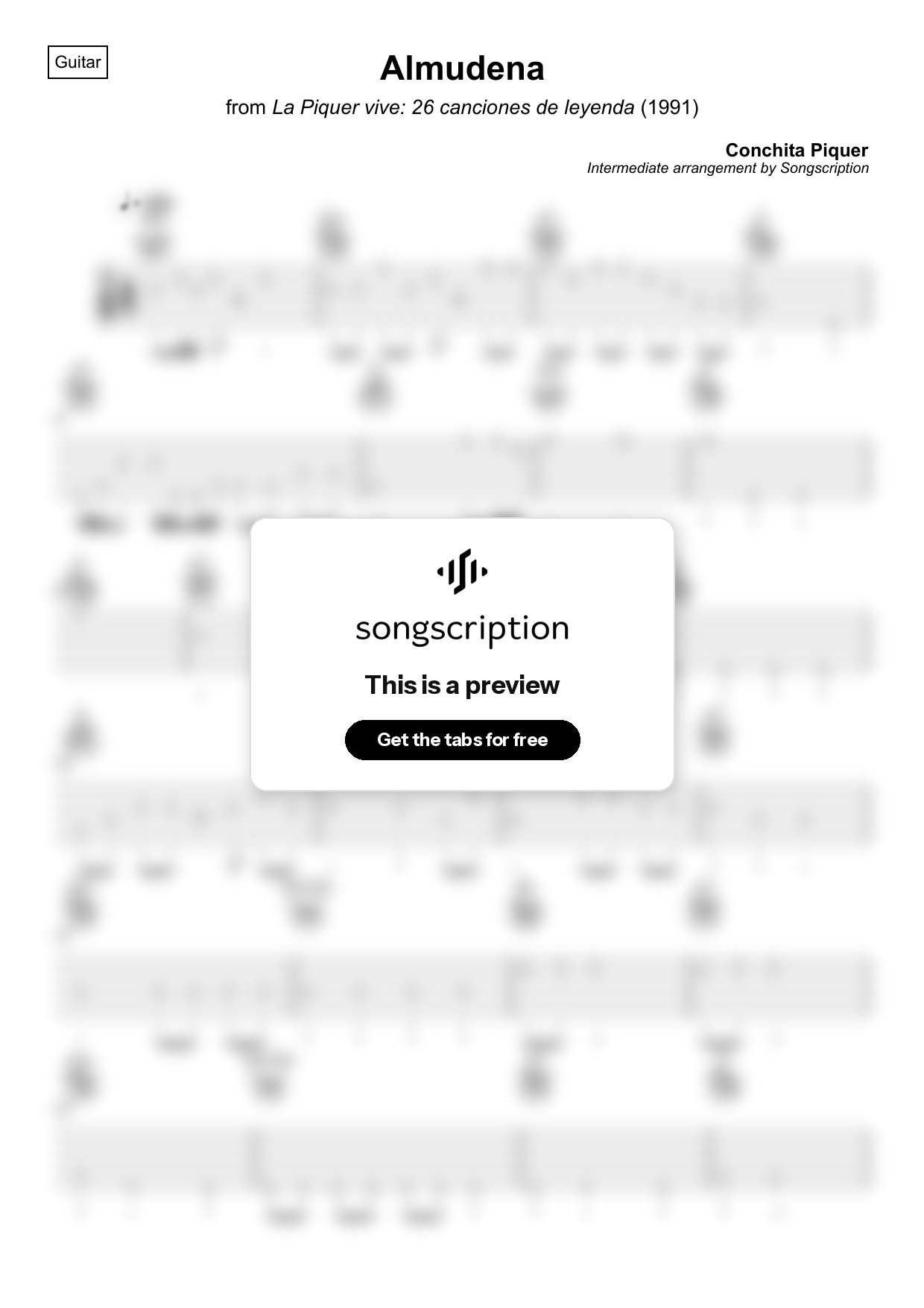 Intermediate Acoustic Guitar Tabs for "Almudena" by Conchita Piquer