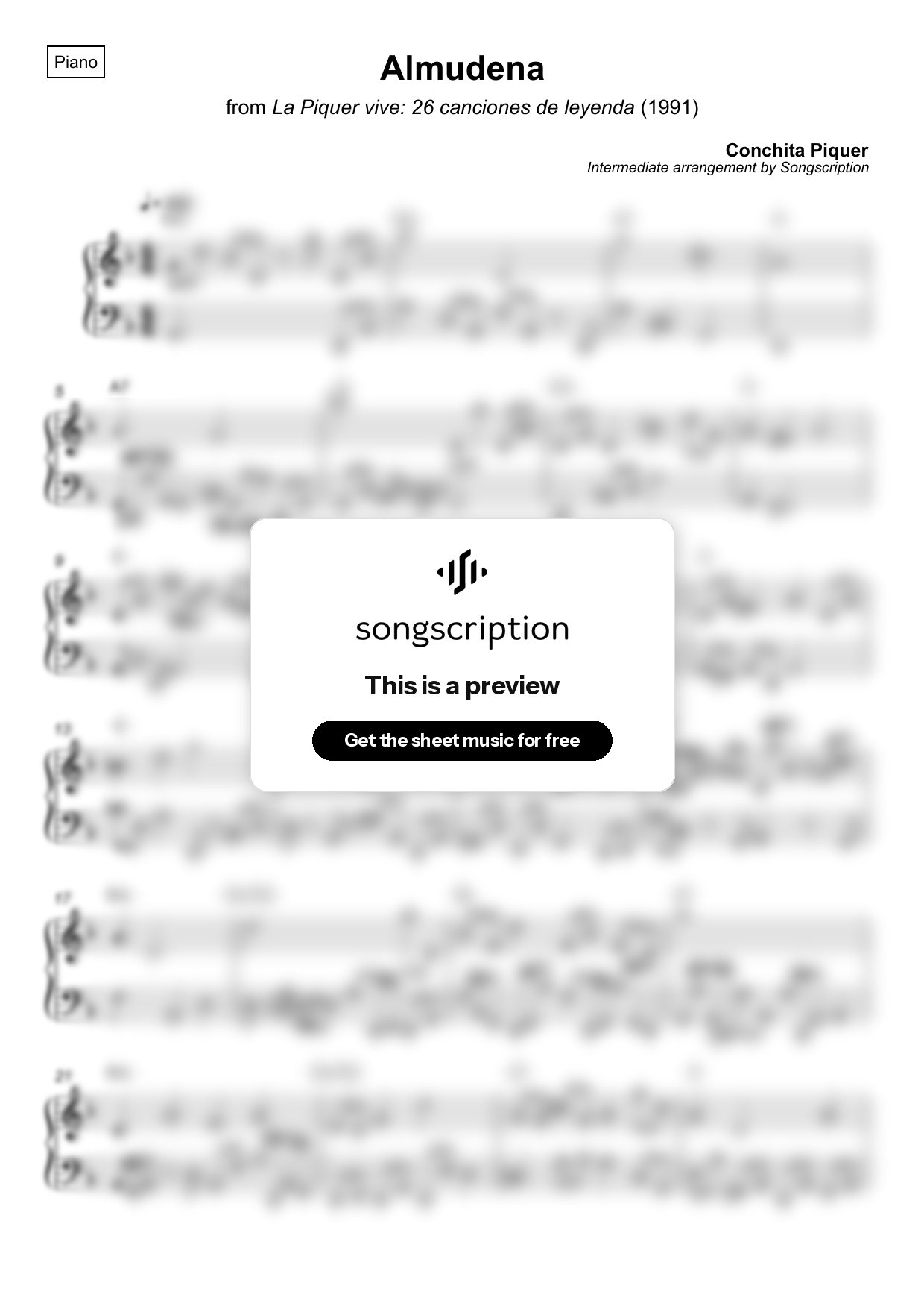 Intermediate Piano Sheet Music for "Almudena" by Conchita Piquer