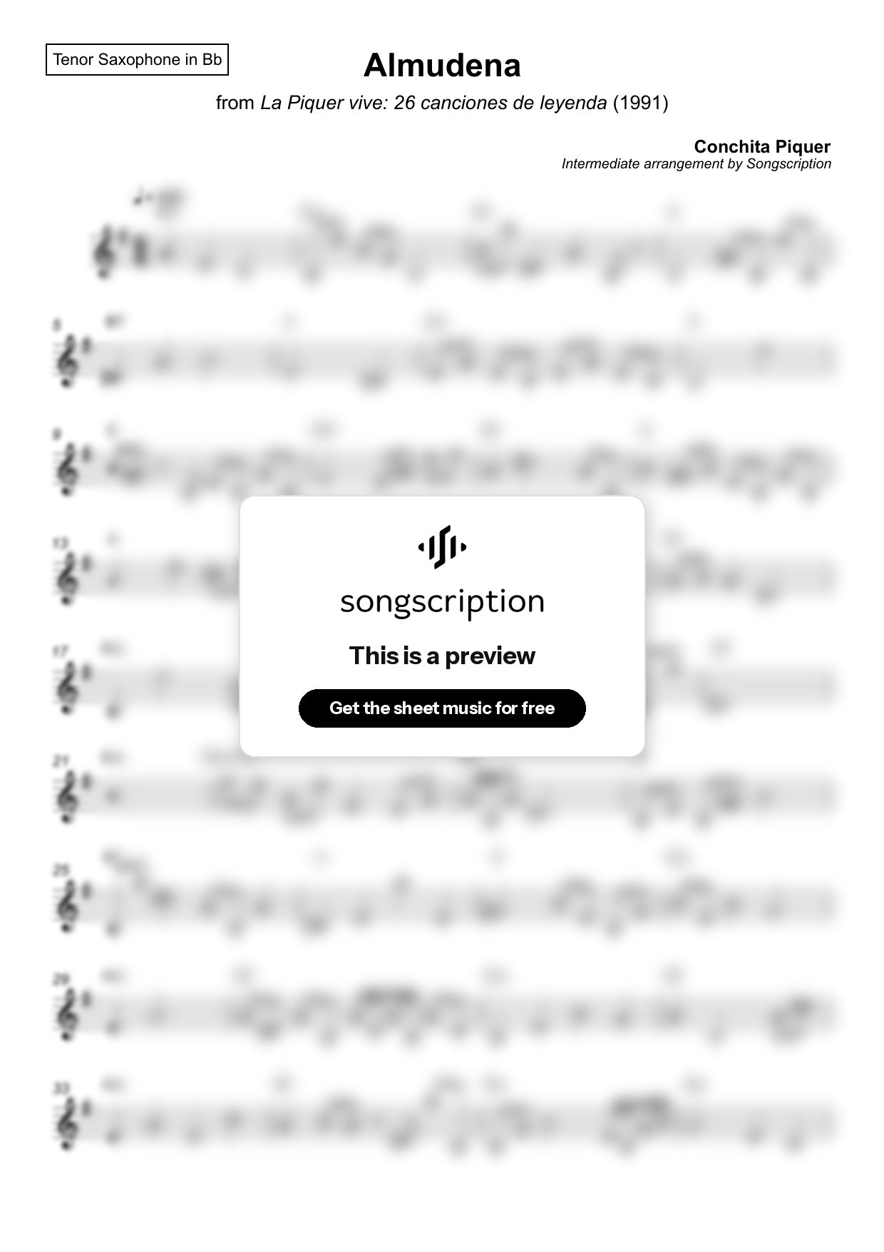 Intermediate Tenor Sax Sheet Music for "Almudena" by Conchita Piquer