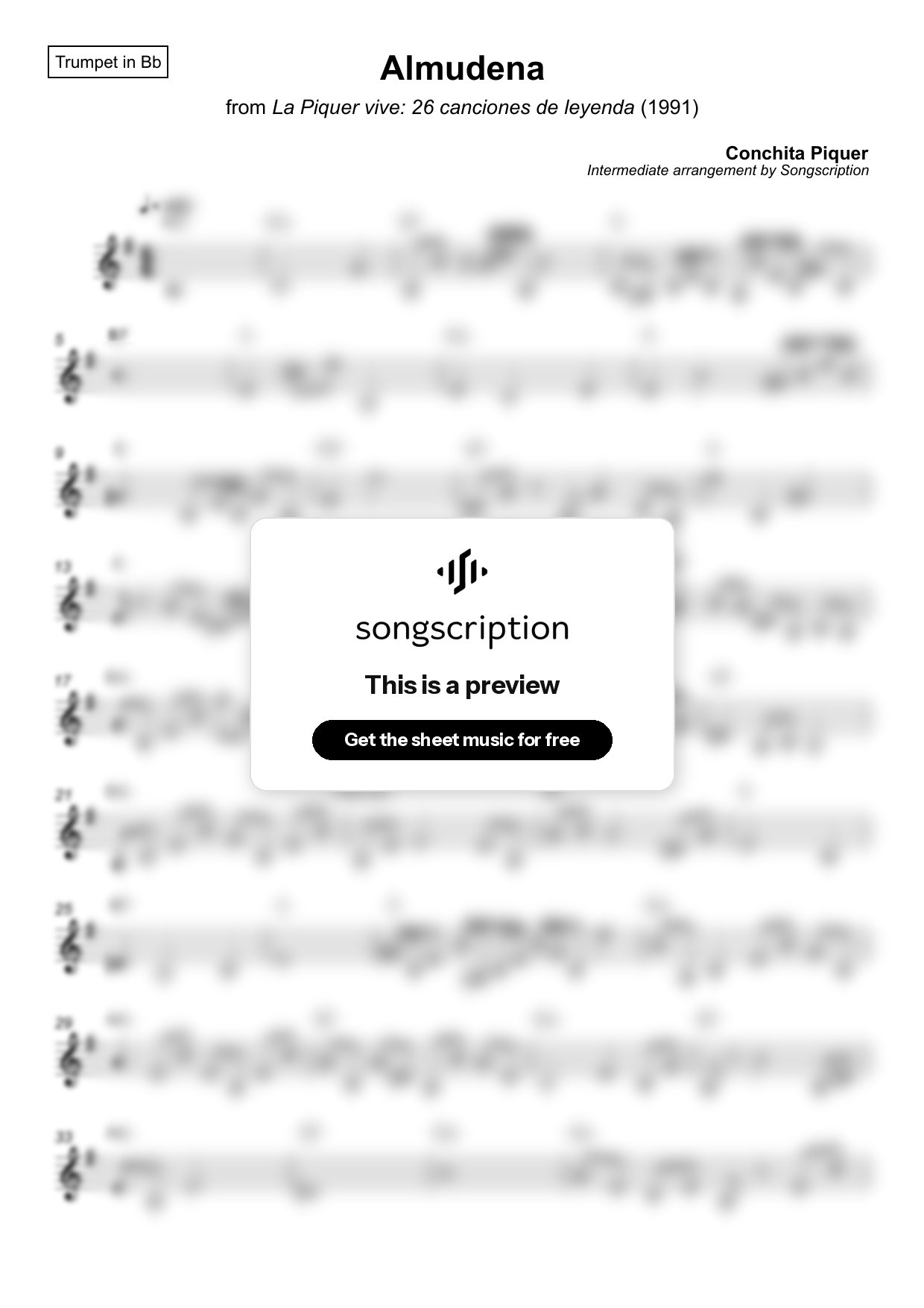 Intermediate Trumpet Sheet Music for "Almudena" by Conchita Piquer