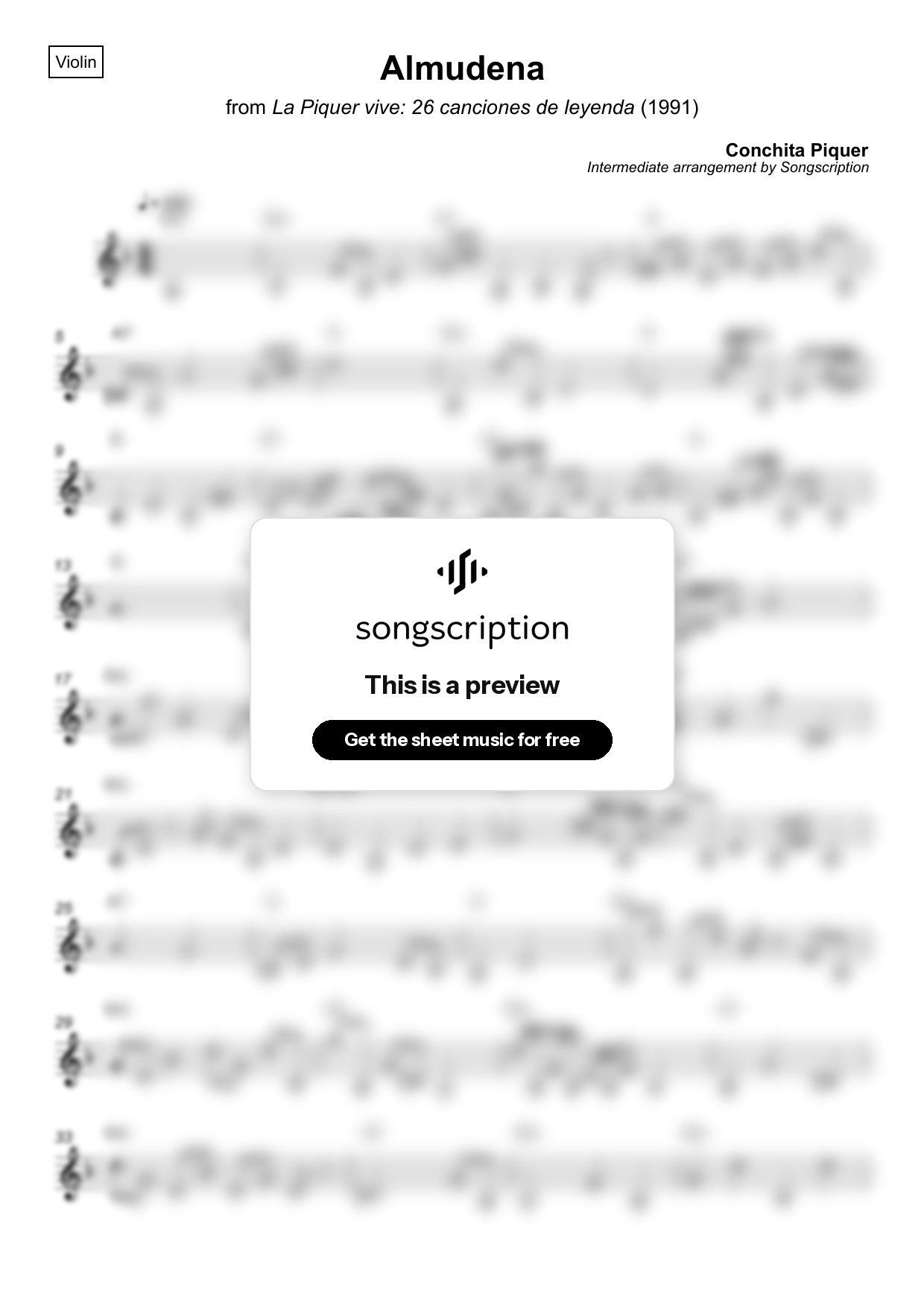 Intermediate Violin Sheet Music for "Almudena" by Conchita Piquer