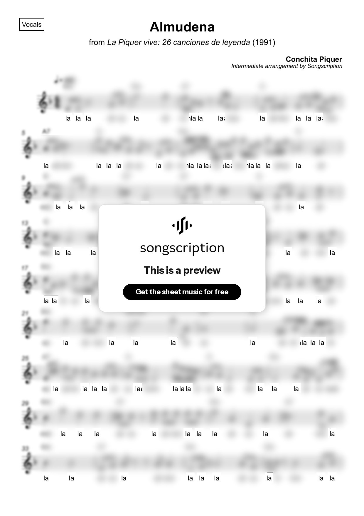 Intermediate Vocals Sheet Music for "Almudena" by Conchita Piquer