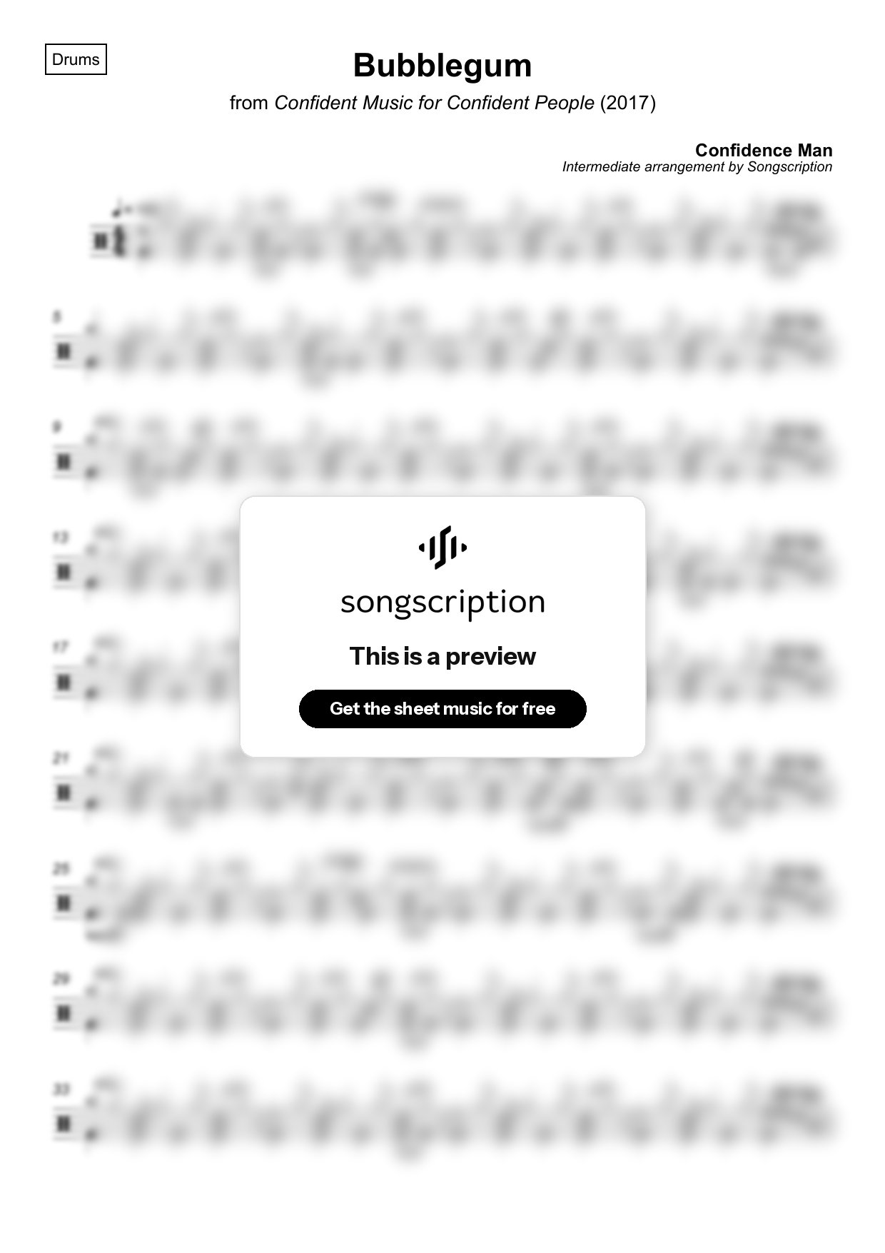 Intermediate Drums Sheet Music for "Bubblegum" by Confidence Man