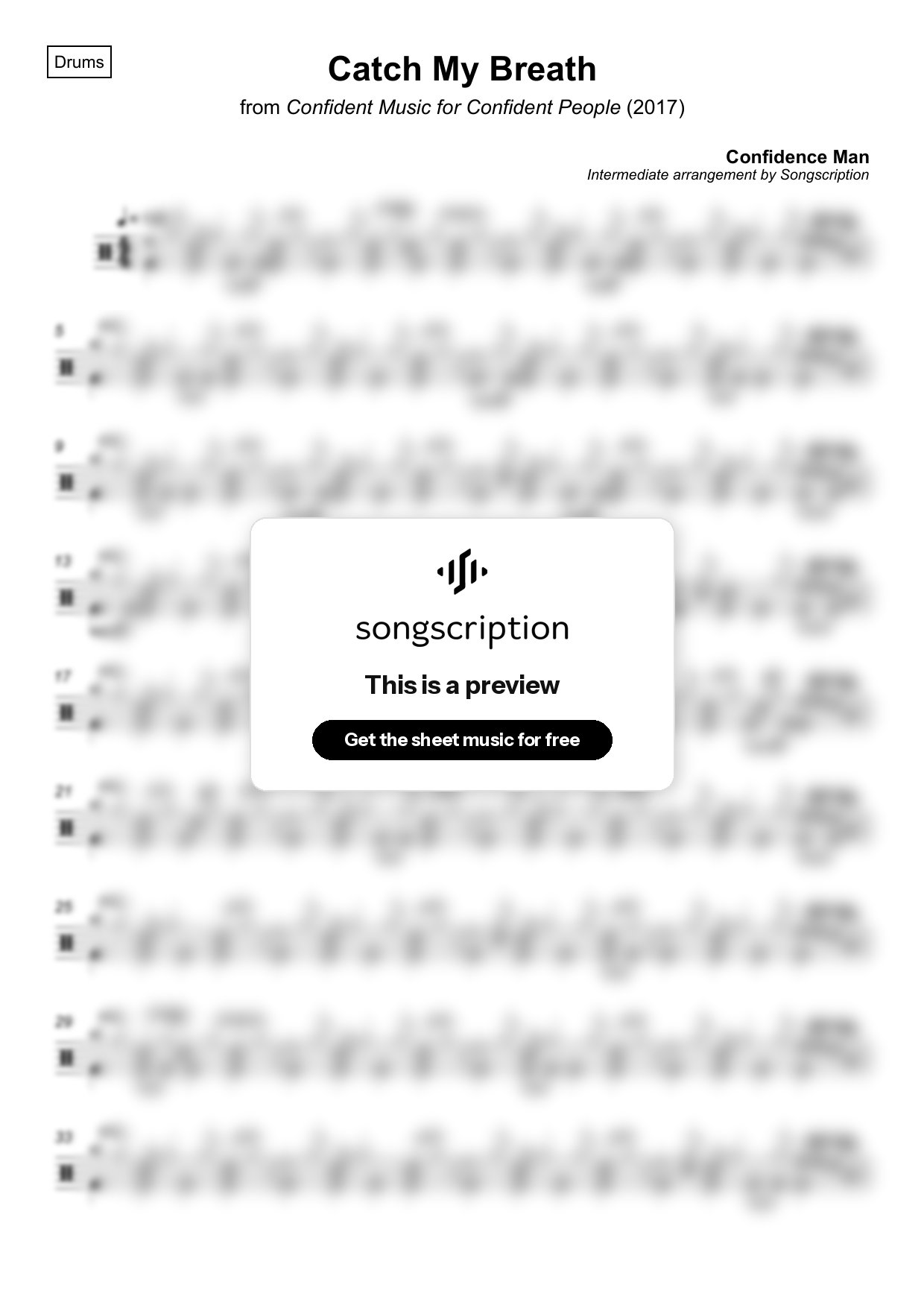 Intermediate Drums Sheet Music for "Catch My Breath" by Confidence Man