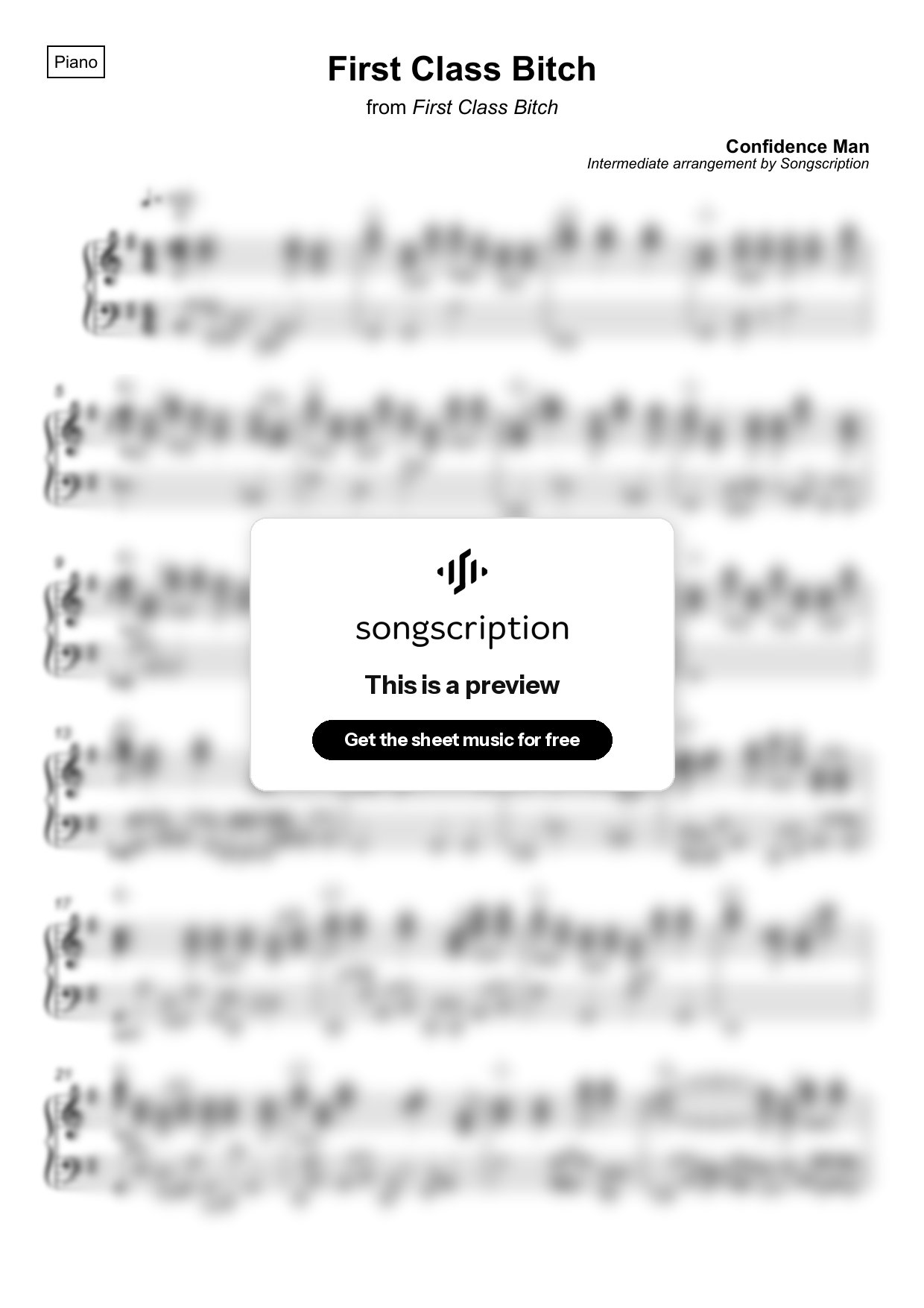Intermediate Piano Sheet Music for "First Class Bitch" by Confidence Man