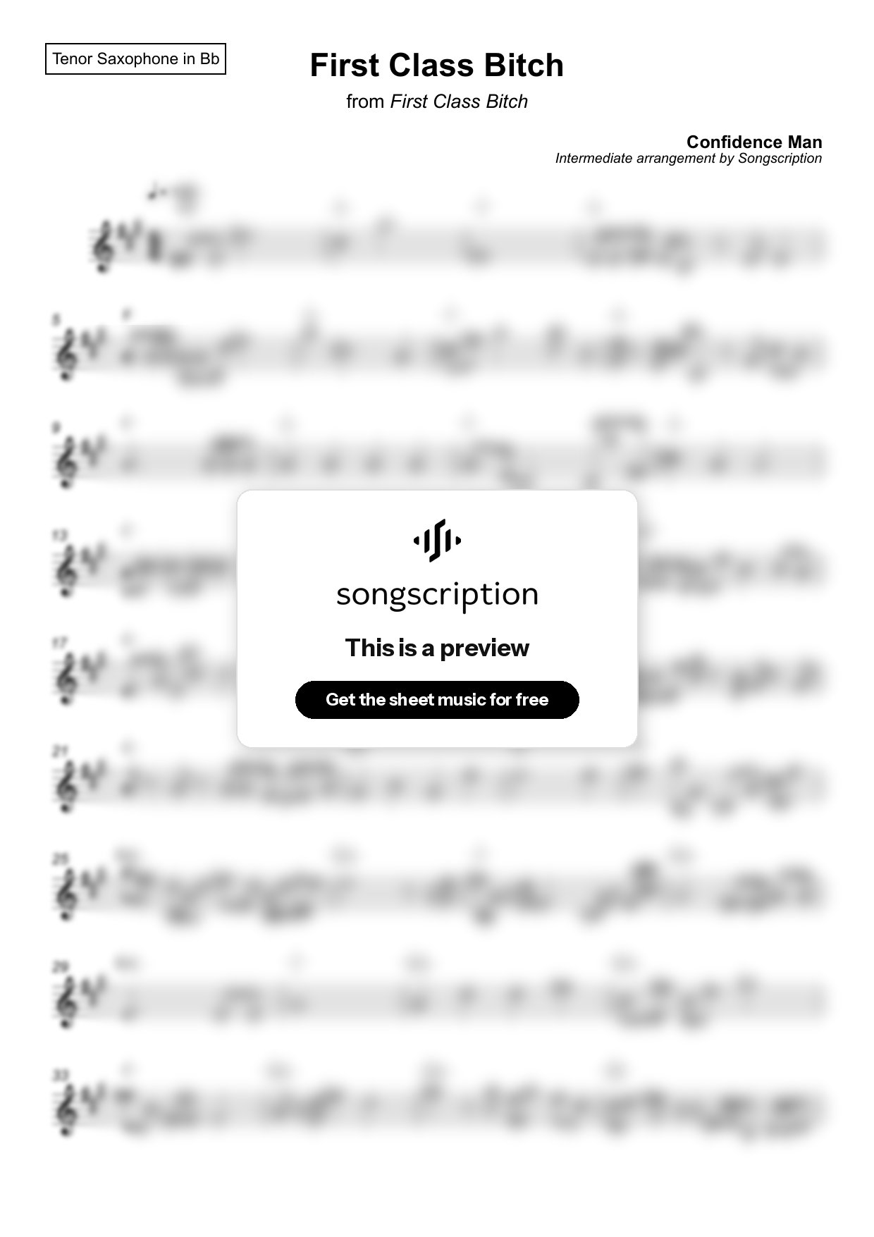 Intermediate Tenor Sax Sheet Music for "First Class Bitch" by Confidence Man