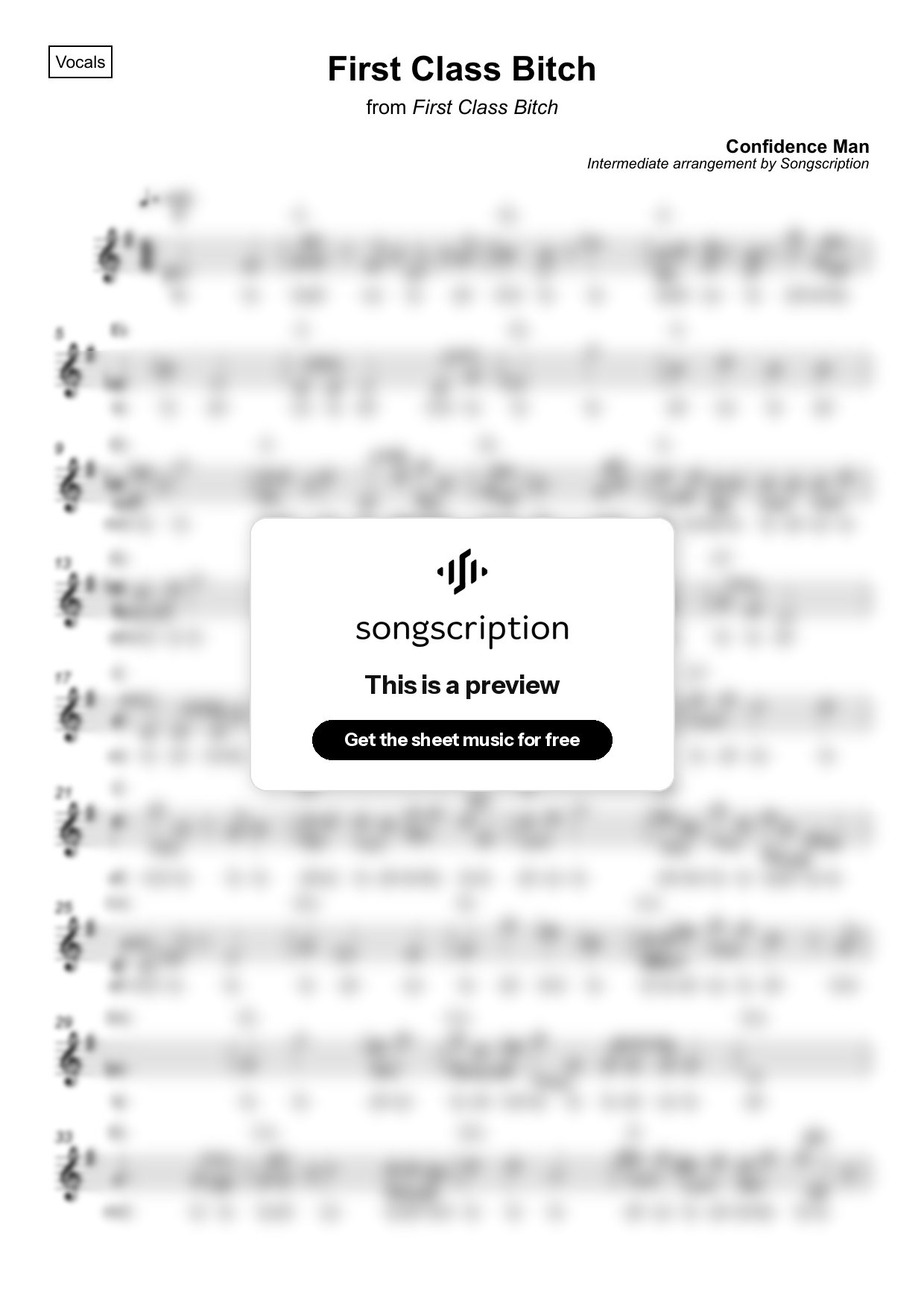 Intermediate Vocals Sheet Music for "First Class Bitch" by Confidence Man