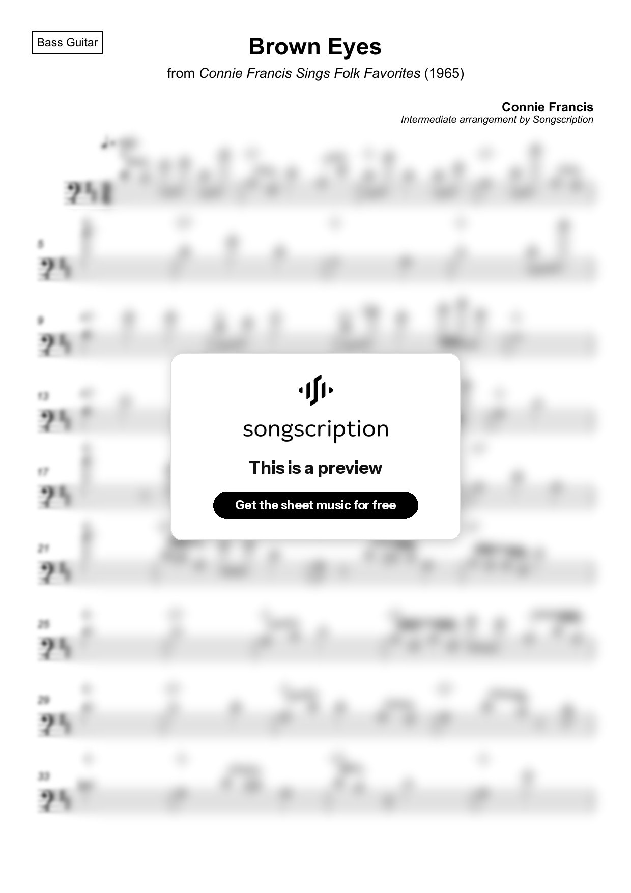 Intermediate Bass Guitar Sheet Music for "Brown Eyes" by Connie Francis
