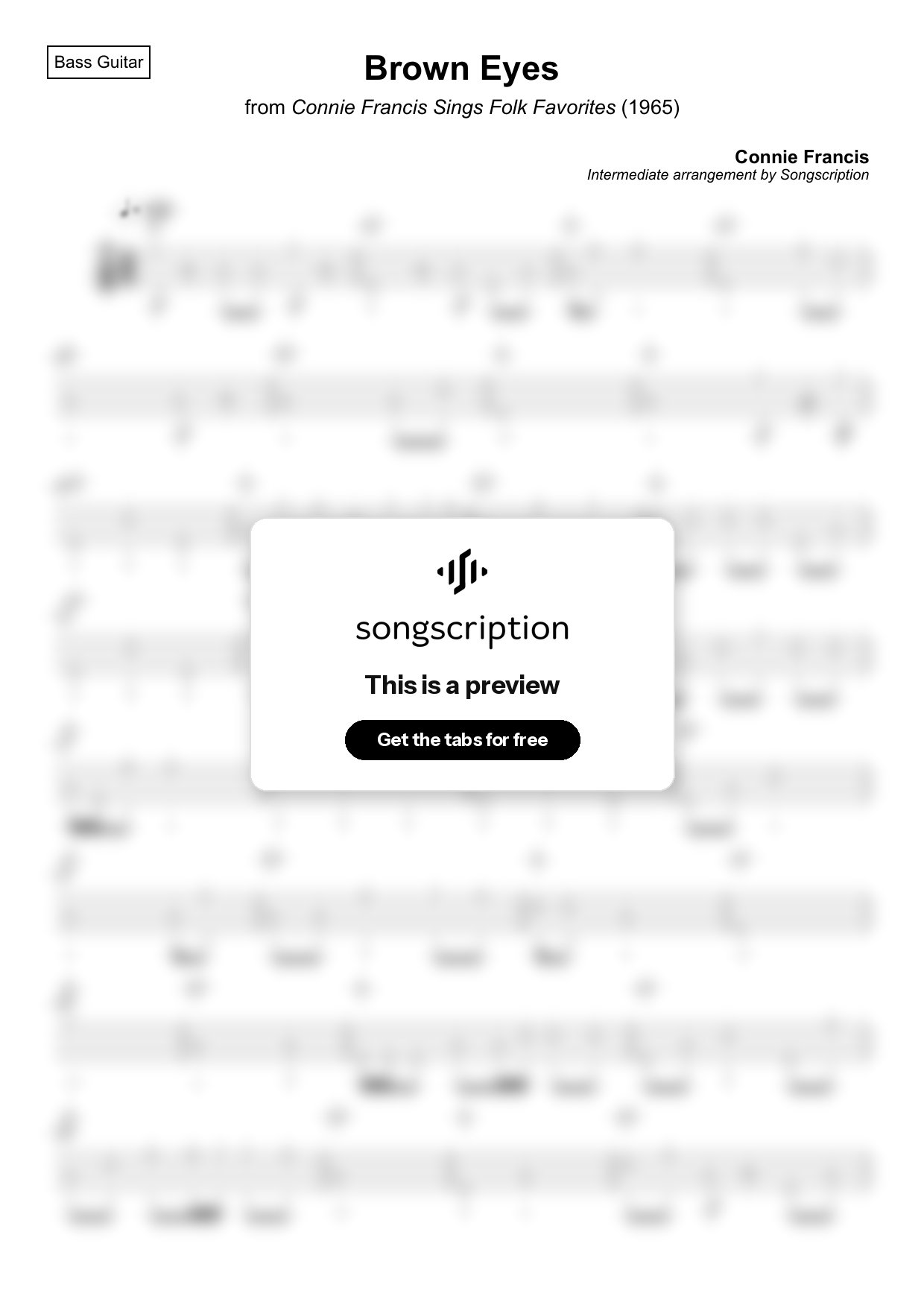 Intermediate Bass Guitar Tabs for "Brown Eyes" by Connie Francis
