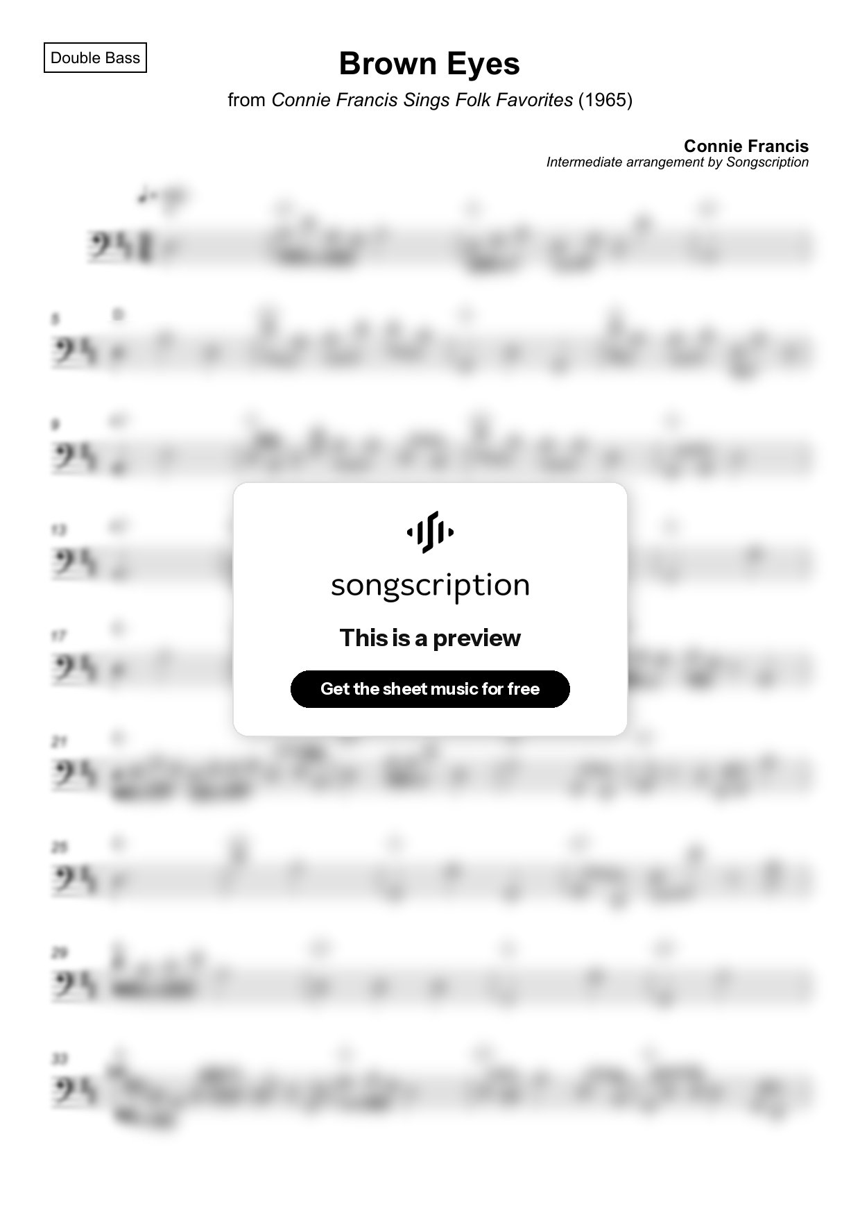 Intermediate Double Bass Sheet Music for "Brown Eyes" by Connie Francis