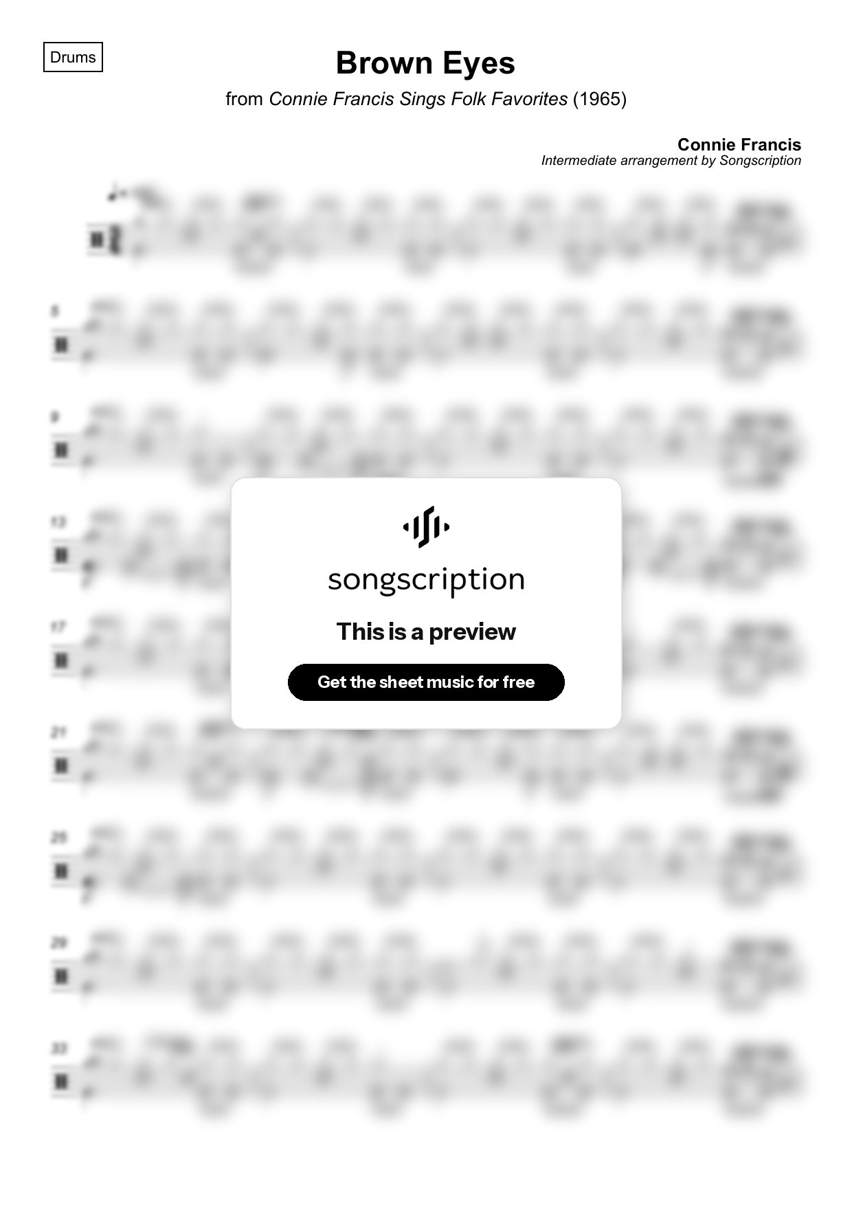 Intermediate Drums Sheet Music for "Brown Eyes" by Connie Francis